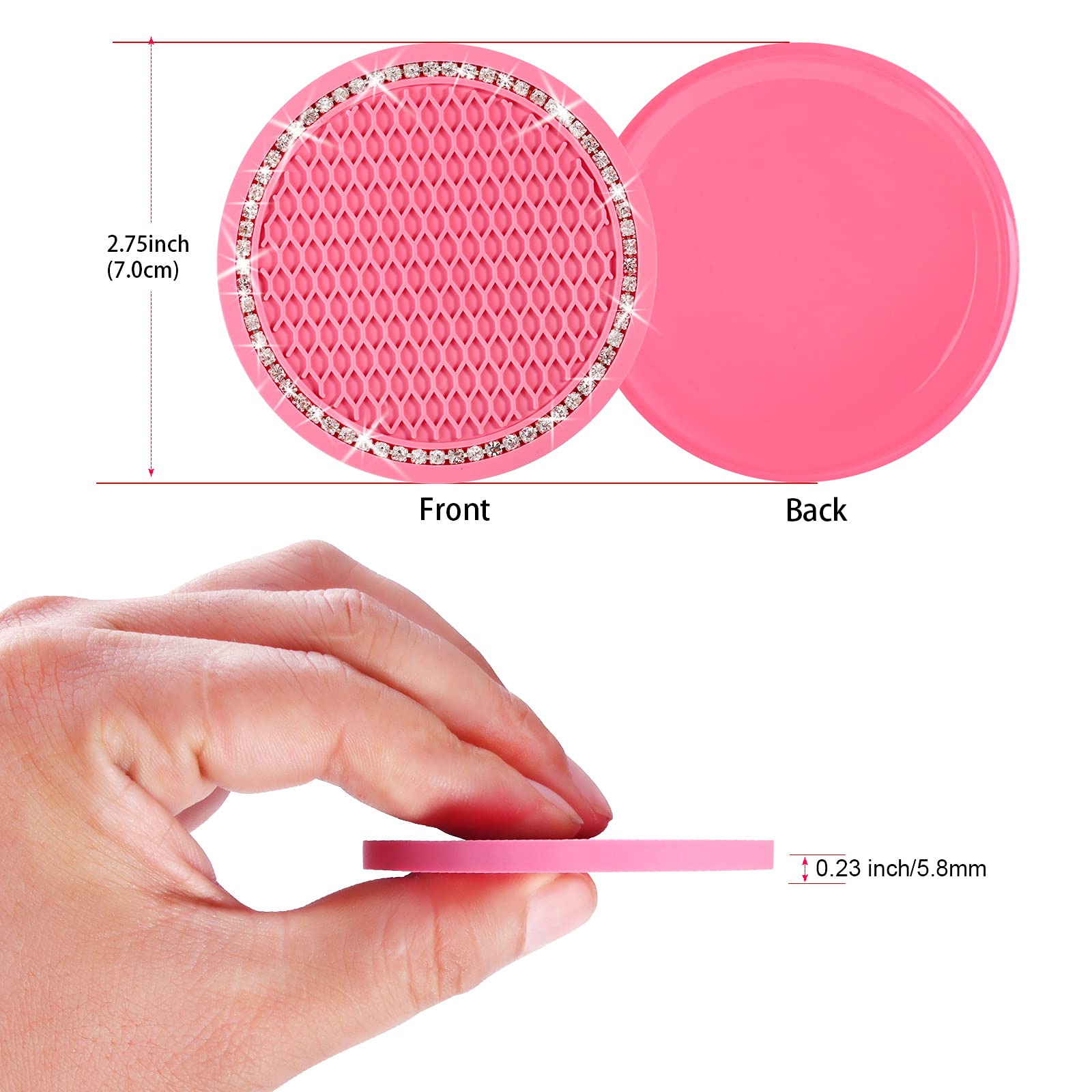 2PCS Bling Car Cup Coaster, 2.75 Inch Auto Cup Holder Insert Coasters Silicone Anti-Slip Crystal Rhinestone Drink Mat, Universal