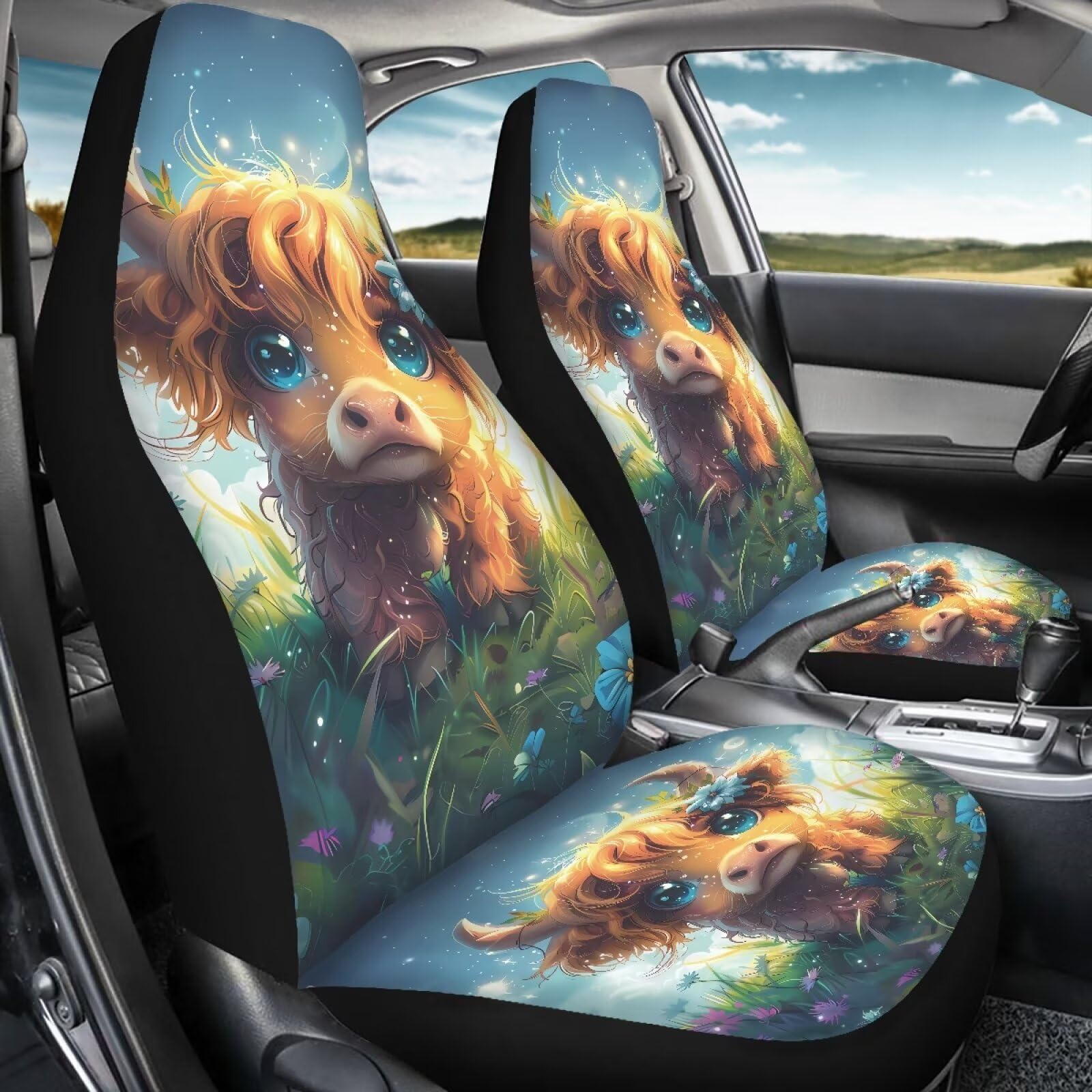 TOADDMOS Kawaii Highland Cow Car Seat Covers for Front Seats Decorative Automotive Car Interior Covers Vehicle Cushion Seat Cove
