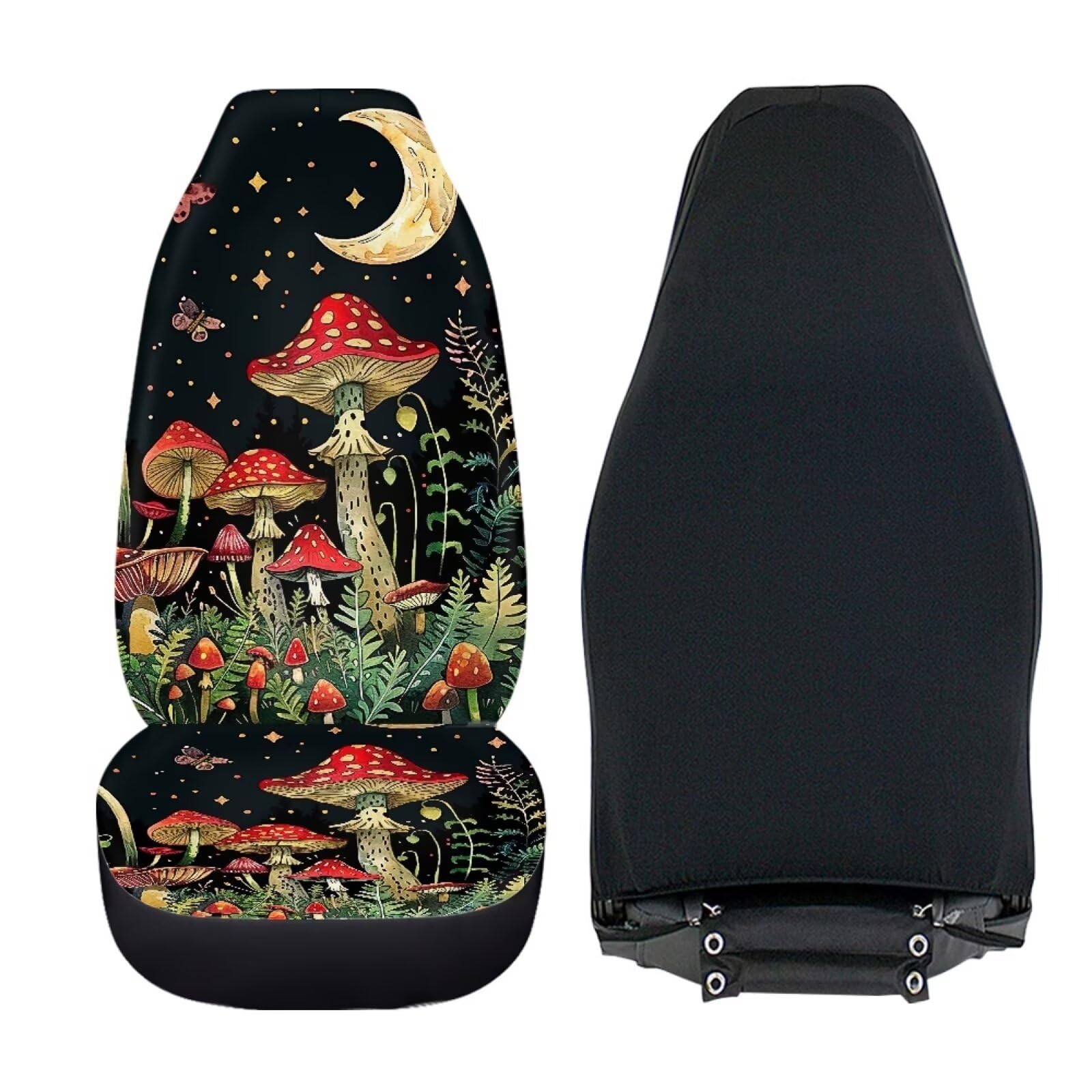 Bigcarjob Mushroom Print Car Seat Cover Set For Front Seat Only,Moon Star Mushroom Print Auto Front Seat Protector Full Set Car