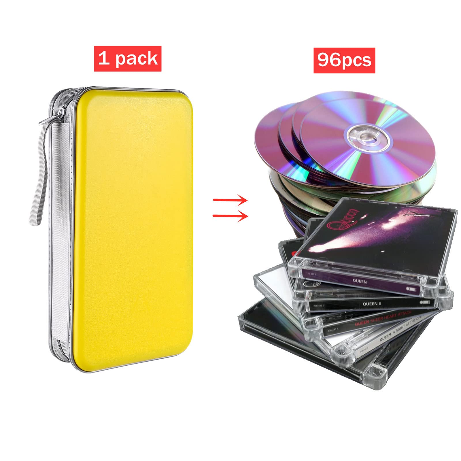 Liovode Dvd Case, 96 Capacity Cd Case Portable Cd Case Holder Storage Hard Plastic Dvd Cd Wallet Holder Organizer For Car(Yellow