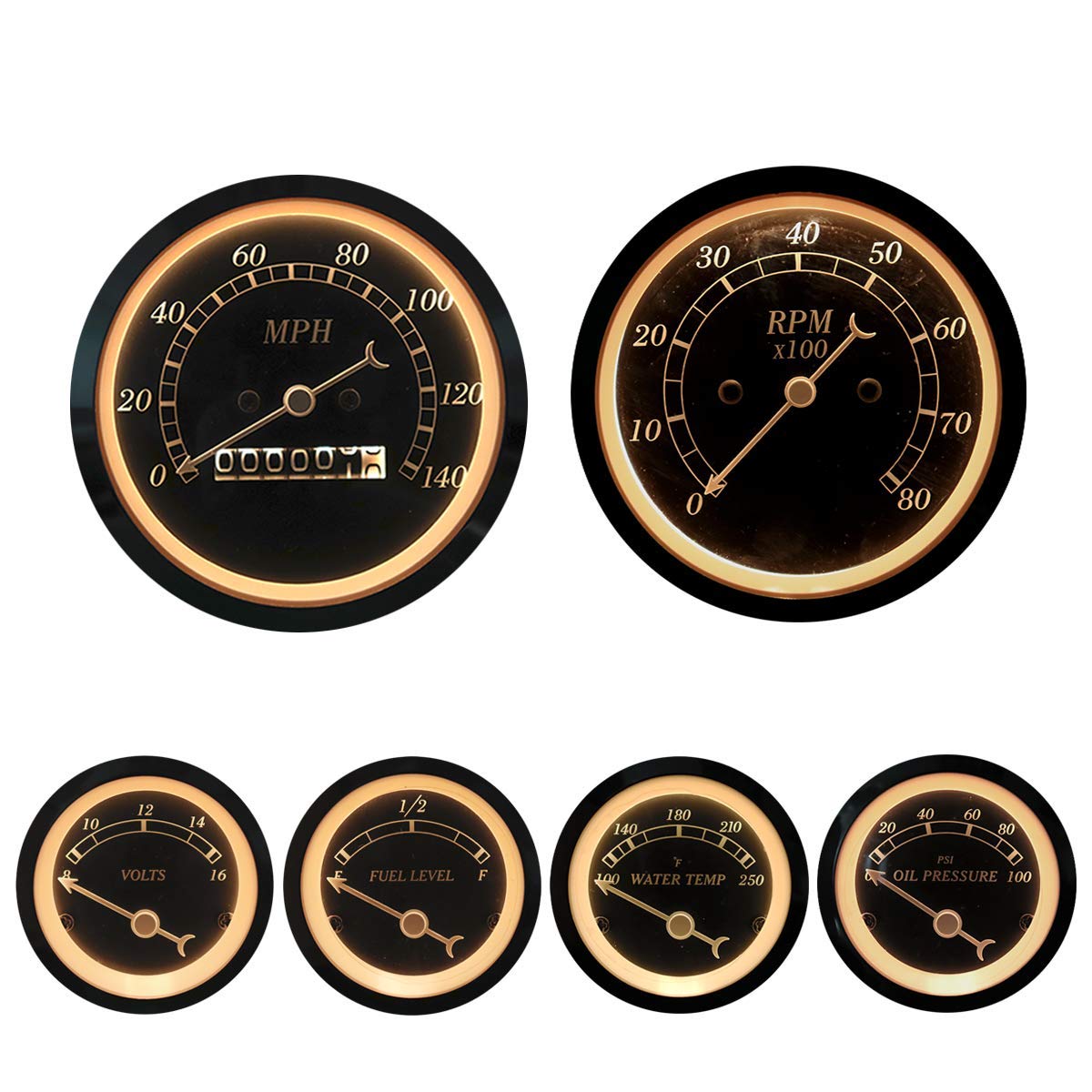 MOTOR METER RACING Classic 6 Gauge Set with Mechanical Speedometer Analog Odometer Black Dial Light Bulb Illumination 85mm 3-3/8