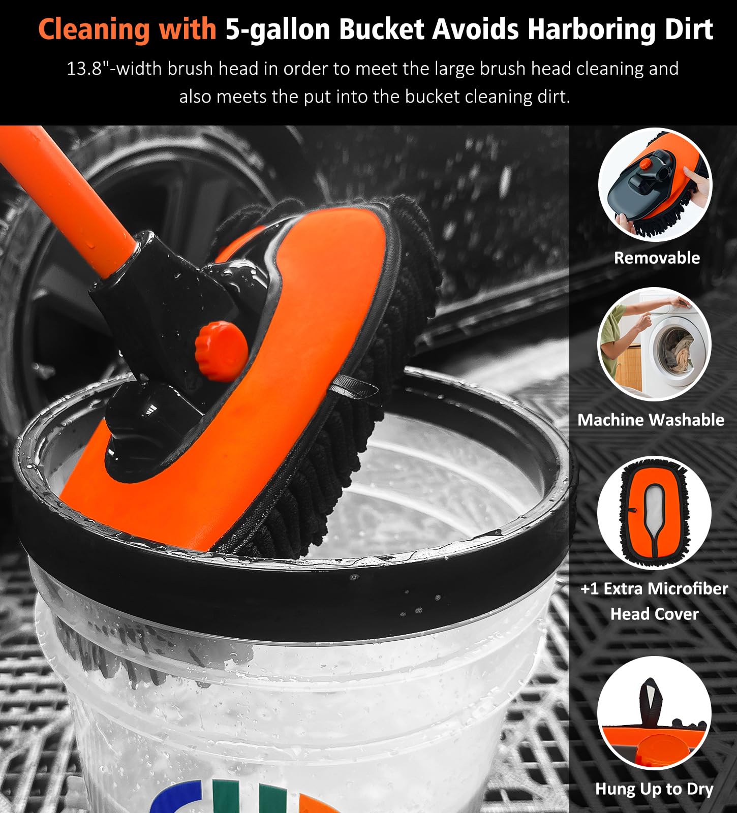 YeewayVeh Car Wash Brush, 43'' Extendable Car Wash Brush Mop with Long Handle, 15 Degree Curved Soft Car Washing Brushes with Ex