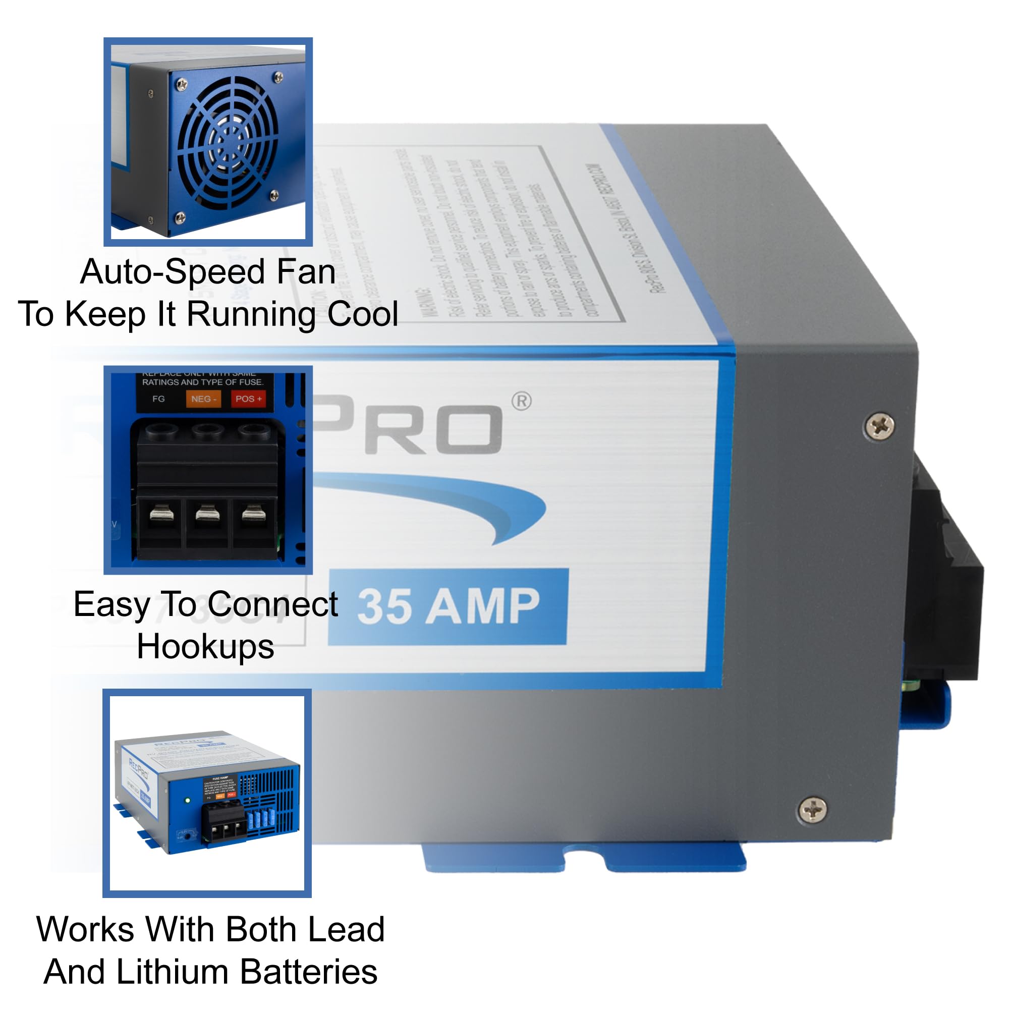 Recpro Rv Converter 35 Amp | Rv Power Converter & Battery Charger | 4 Stage Smart Charging | 120Vac To 12Vdc | 13V To 16.5V Oper