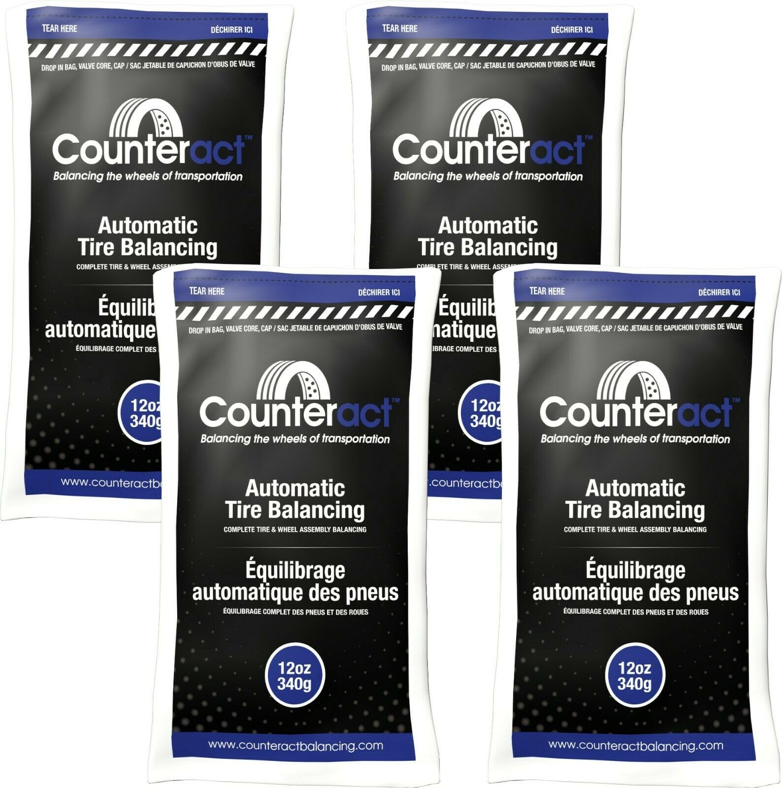 Counteract 12Oz-B4 Centrifugal Force Tire/Wheel Balancing Beads - Off-Road Vehicles, Light Duty Truck Tires, (4) 12Oz Balance Bead Bags, (4) Valve Caps And Cores