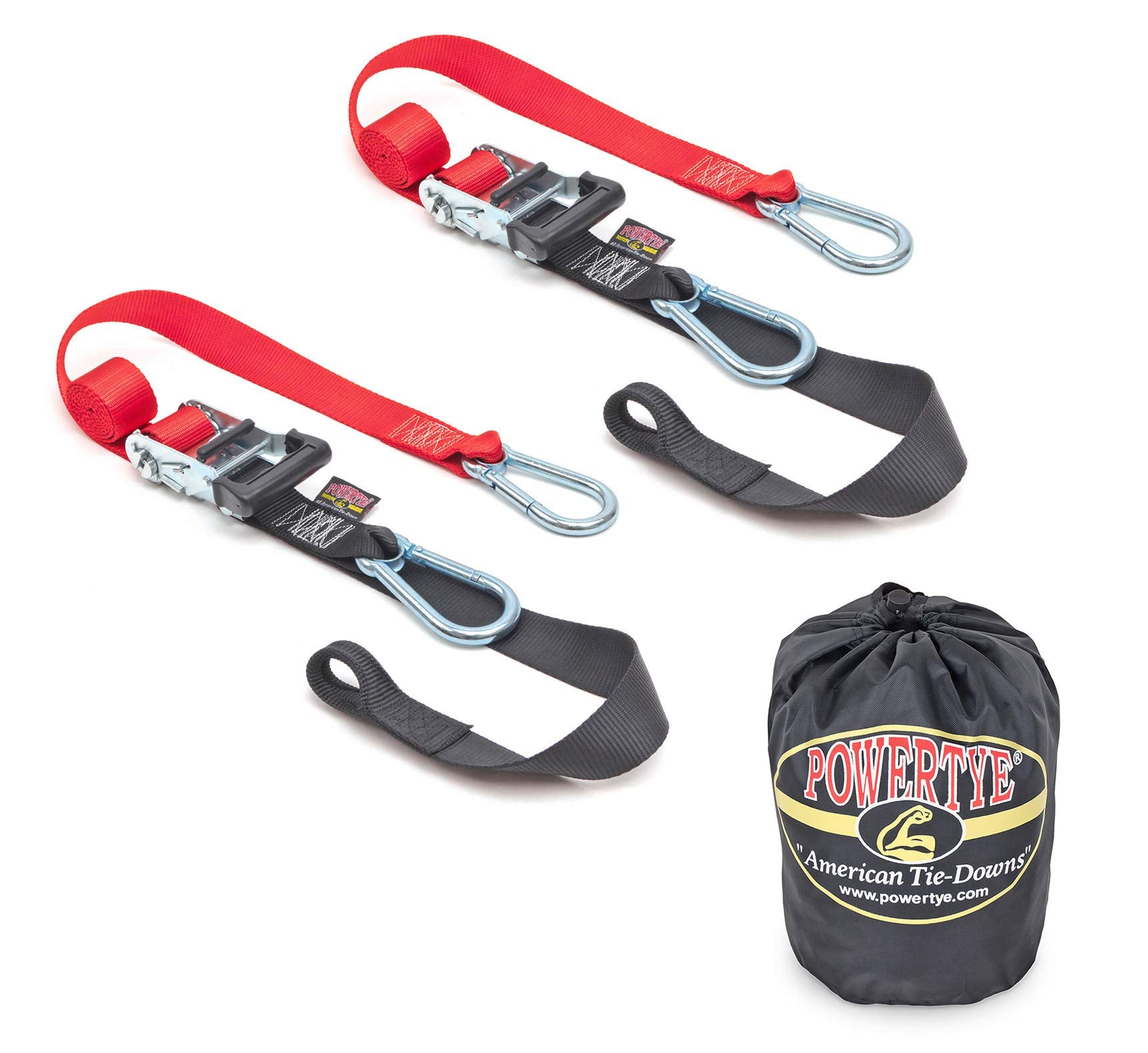 Powertye 1.5In X 6.5Ft Heavy Duty Ratchet Tie-Down Straps With Soft-Tye, Carabiner Hooks - 1,000 Lb Working Load Limit / 3,000 Lb Breaking Strength - Made In Usa - Red/Black Pair + Storage Bag