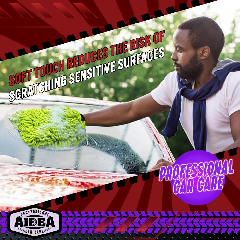 Aidea Car Wash Mitt Microfiber, 2Pk Scratch Free Lint-Free, Premium Chenille Microfiber Mitt Car Wash Brush, Green, Regular Size