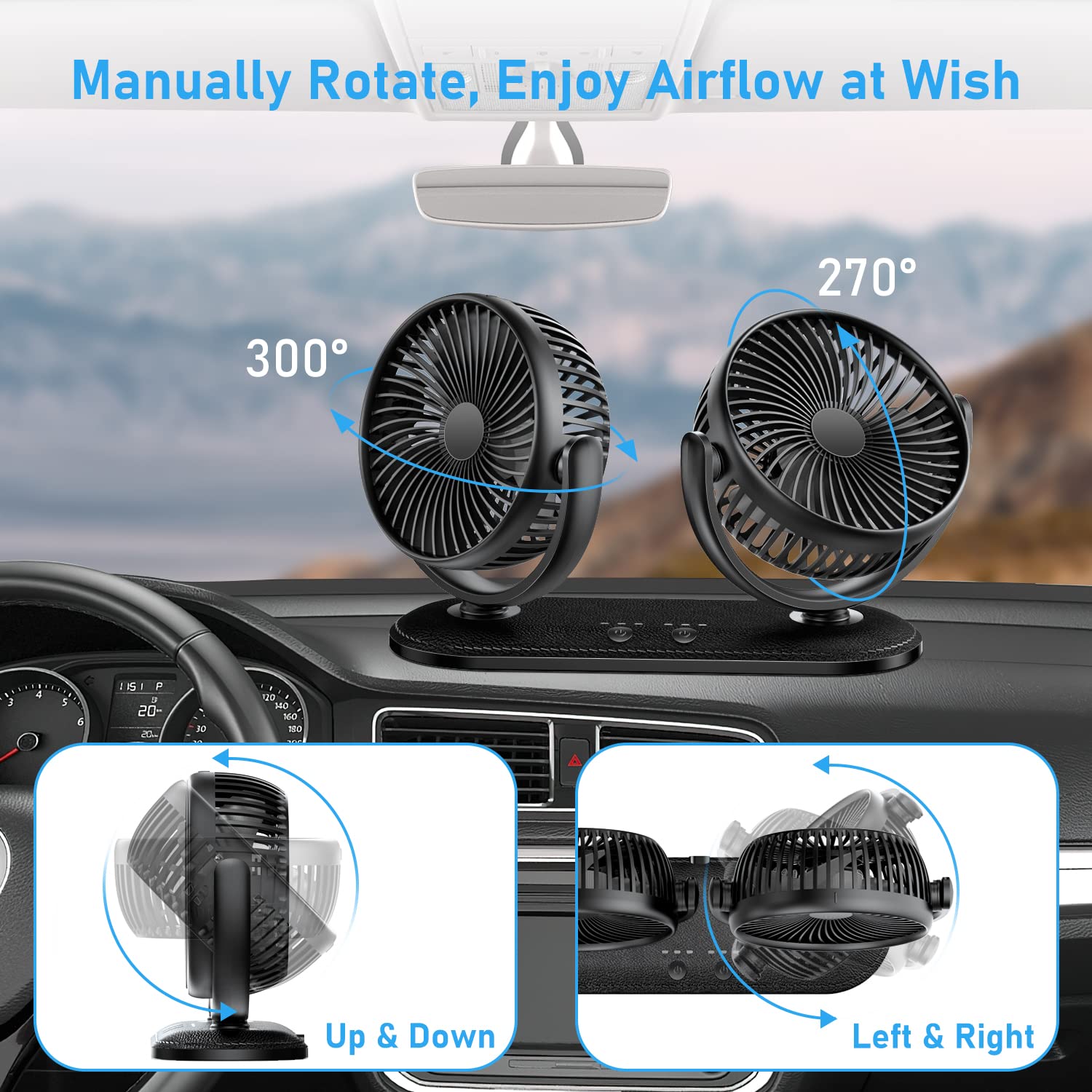 Tripole Car Fan 12V / 24V Portable Auto Cooling Dual Head Rotatable Vehicle Electric Fan For Car, Truck, Suv, Rv, Van, Boat, Gol
