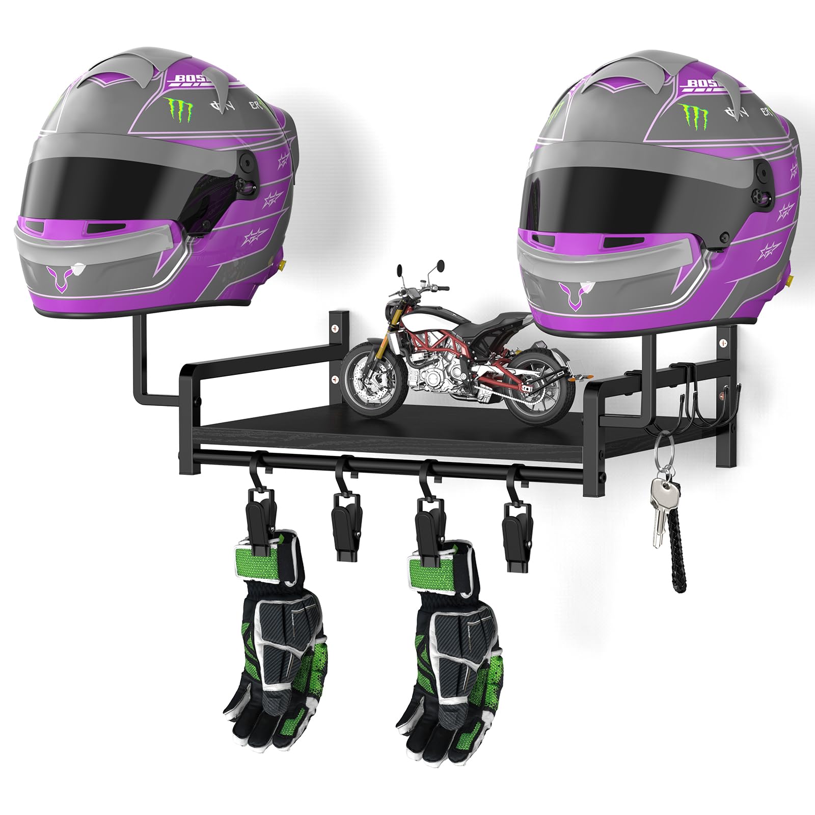 OYEAL Helmet Rack Wall Mount Black Motorcycle Helmet Holder with Shelf, Gear Storage Rack with Hooks, 4 Glove Clips for Motorcyc