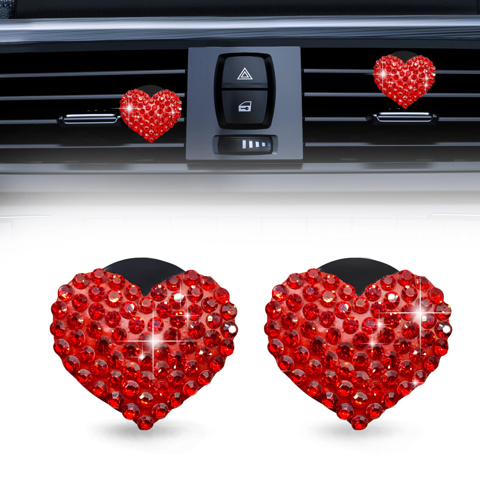 2Pcs Bling Crystal Heart Charms Car Air Vent Clips, Universal Car Interior Decoration Accessories (Red)