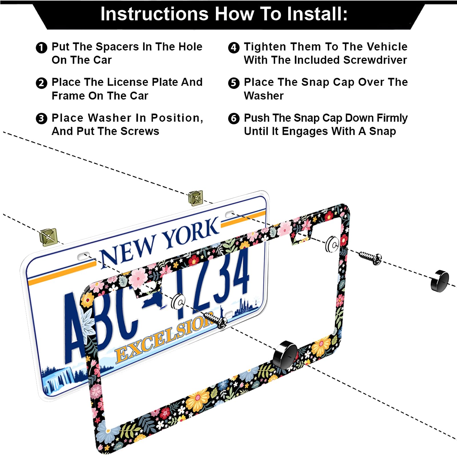Personalise Colorful Floral Flowers License Plate Frames, 2 Pack Flowers Car Plate Frame, Stainless Steel License Plate Holders