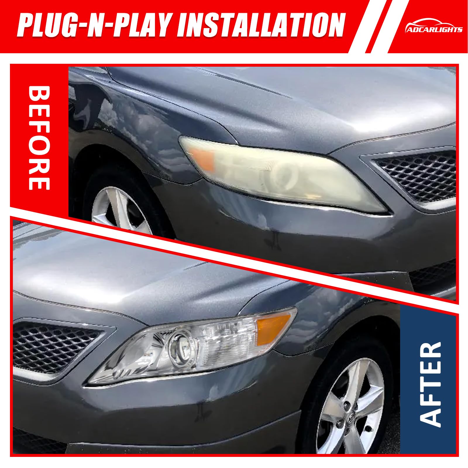 ADCARLIGHTS Compatible with 2010 2011 Toyota Camry Headlights Chrome Housing Amber Reflector Clear Lens Driver and Passenger Sid