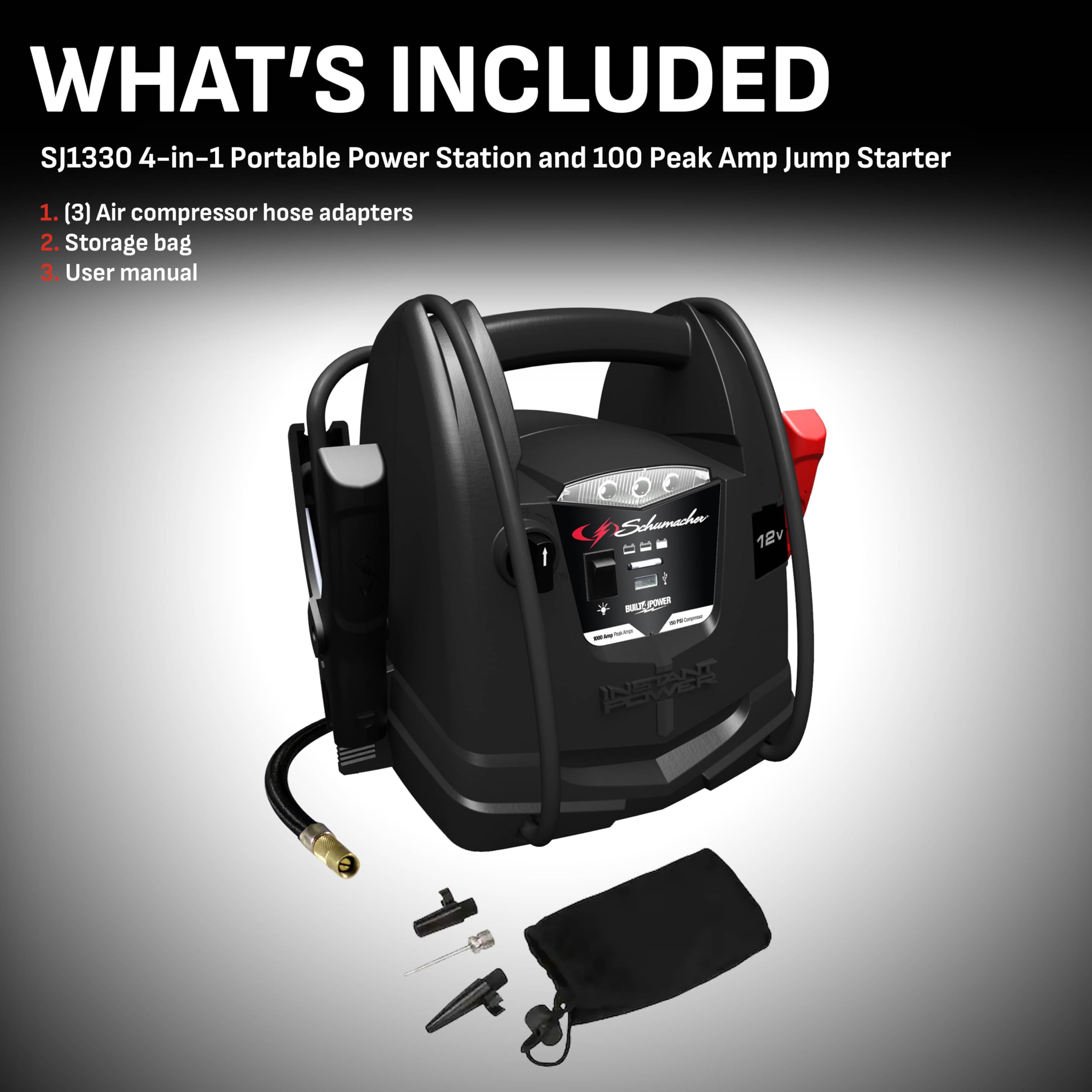 Schumacher Electric Sj1330 4-In-1 Portable Power Station And Jump Starter With 150-Psi Air Compressor And Led Light, 1000 Peak A