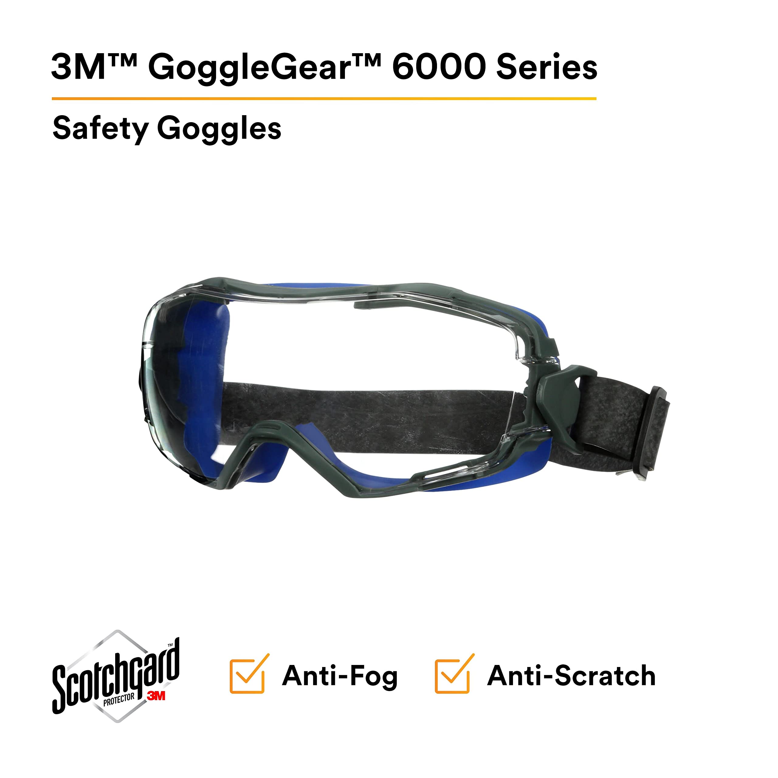3M Gogglegear 6000 Series, Gg6001Nsgaf-Blu, Blue Shroud, Neoprene Strap, Scotchgard Anti-Fog Coating, Clear Af-As Lens