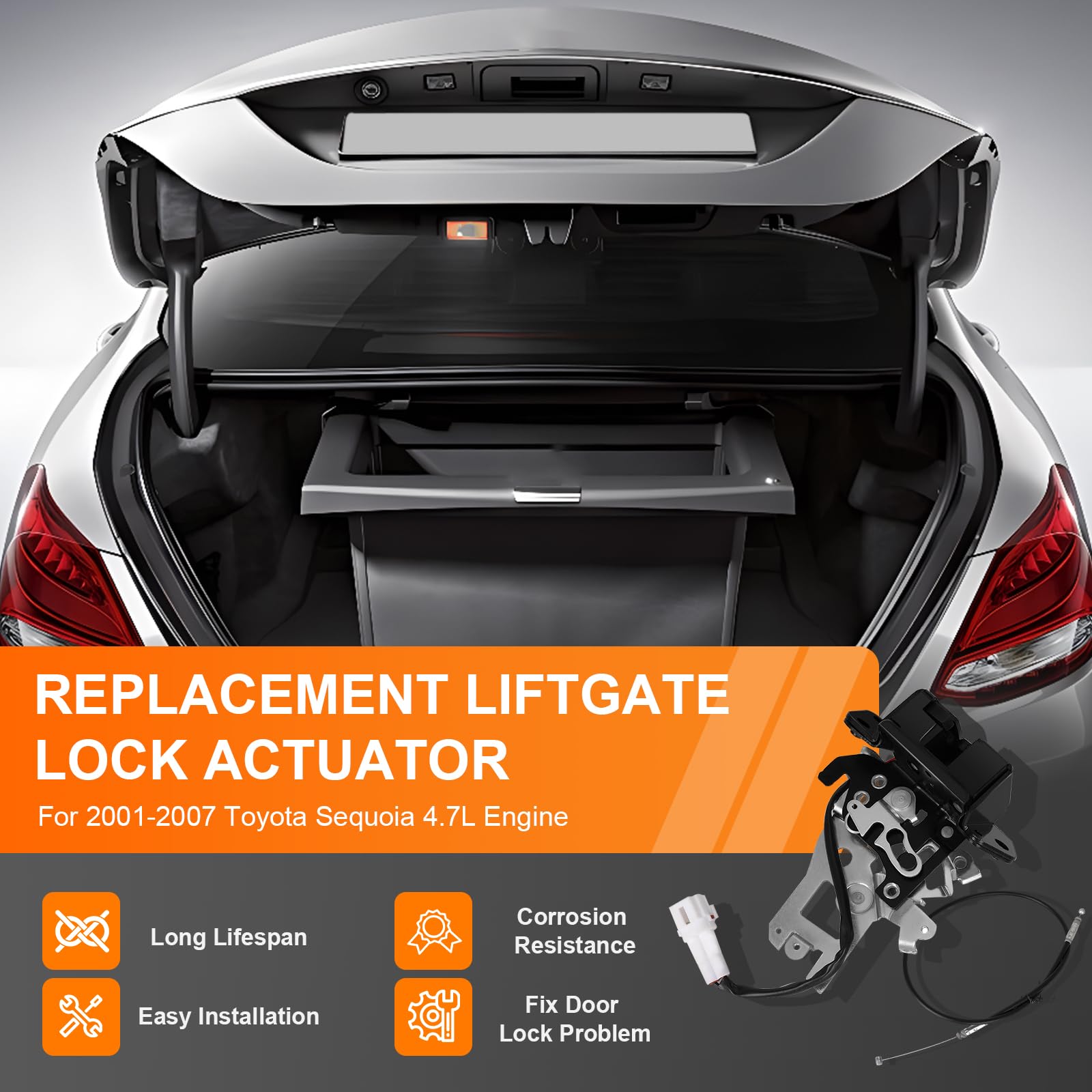 Yinlowa Liftgate Lock Actuator Trunk Latch for 2001-2007 Toyota Sequoia 4.7L - Rear Back Door Lock Assembly with Cable