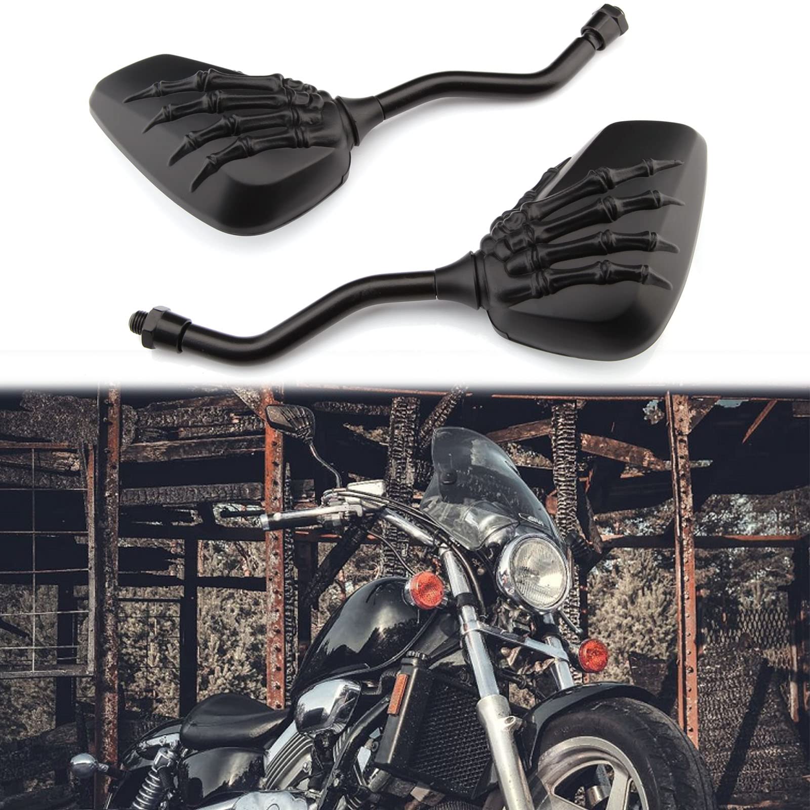 Black 8Mm/10Mm Motorcycle Skull Skeleton Rearview Side Mirrors For Scooter Chopper Bobber