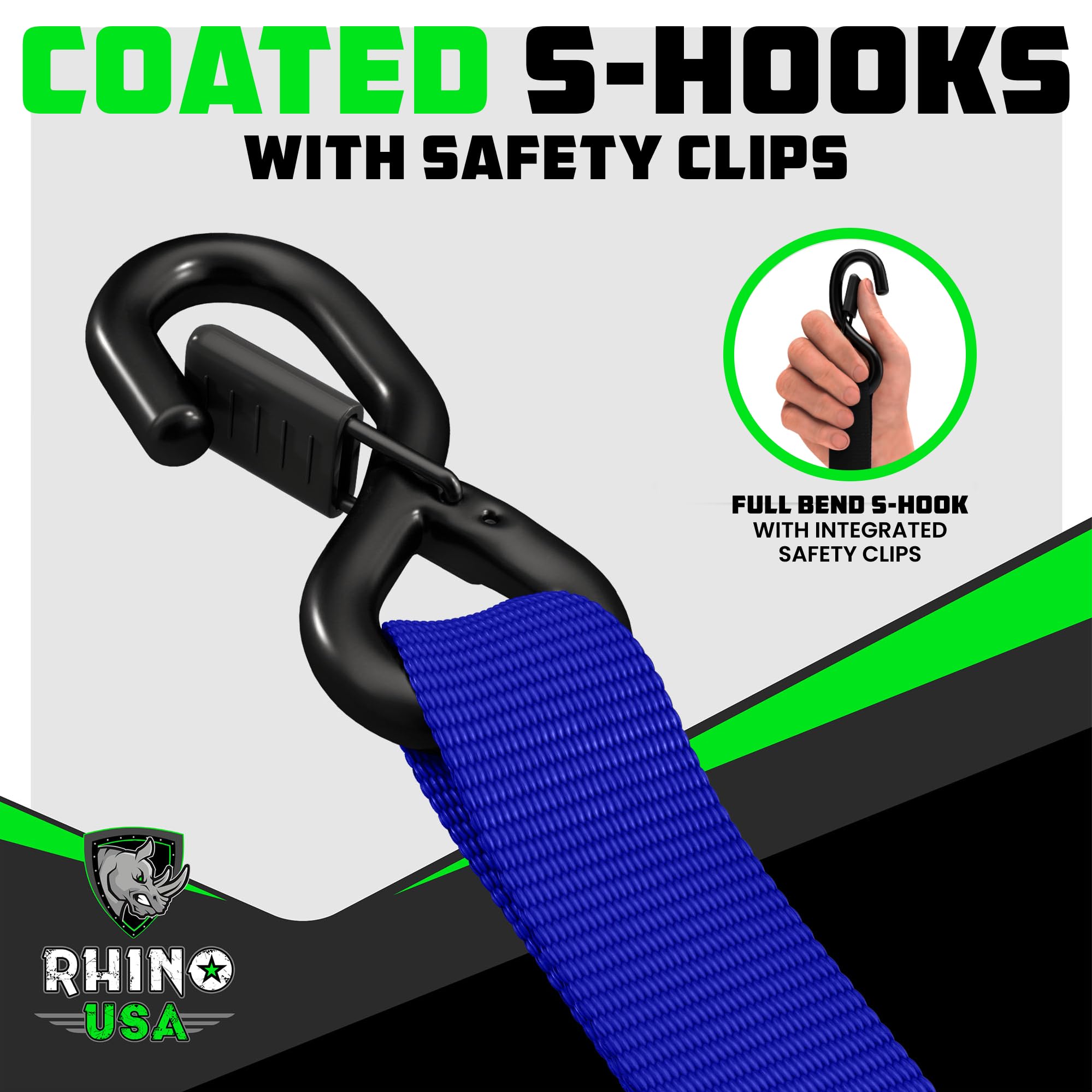 Rhino Usa Ratchet Straps Heavy Duty Kit (2-Pack) - 1.6 Inch X 8 Feet (5,208Lb Break Strength) - Ultimate Tie Down Straps With Sa