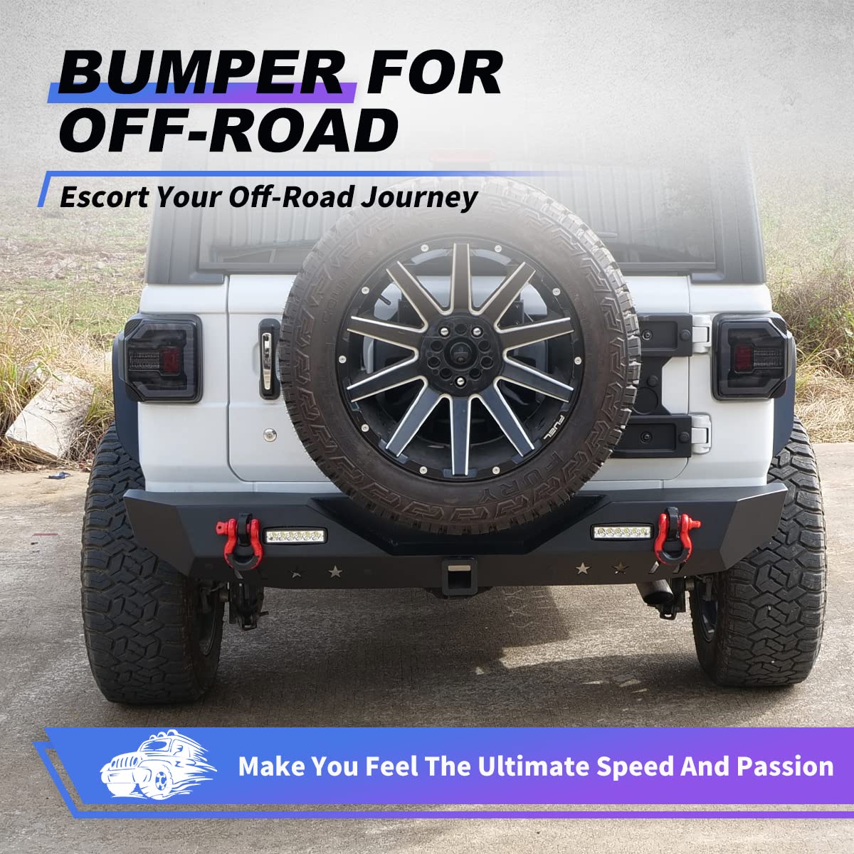 Wolfstorm Rear Bumper Compatible With 2018 2019 2020 2021 2022 2023 Jeep Wrangler Jl 2-Doors & 4-Doors, Full Width Jl Rear Bumper W/ 2 Led Lights, 2 D-Ring Shackles, Tow Hook & 2'' Hitch Receiver