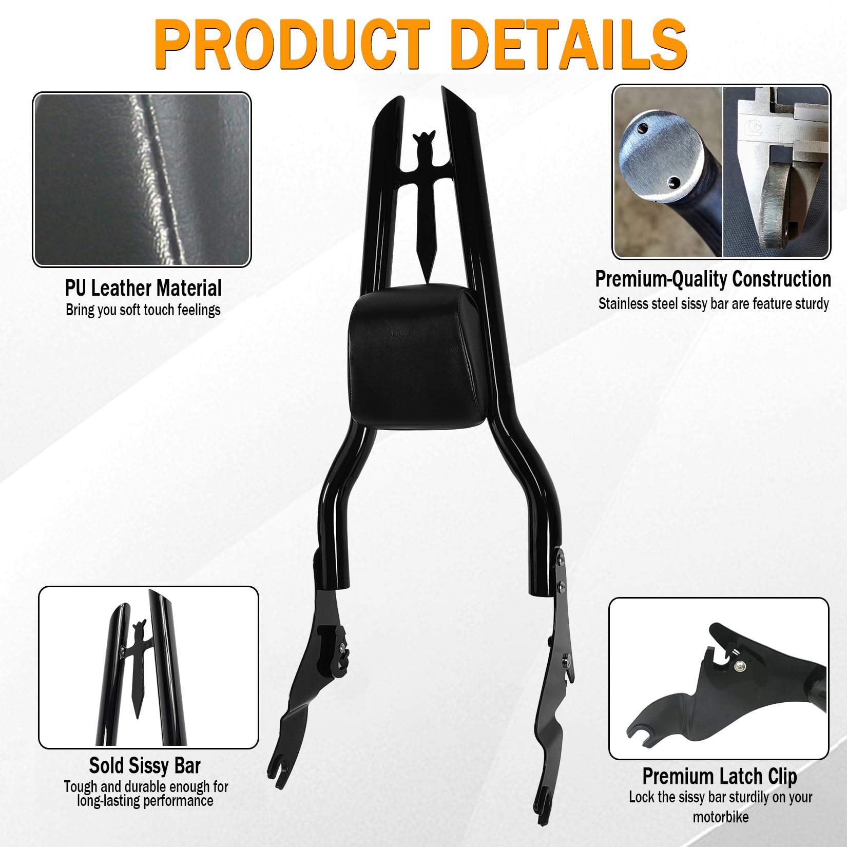 Fjpacemt 30" Detachable Black Sissy Bar Backrest Pad for Harley Touring 2009-2024, Gloss Black, Model FJHD0923-H-BK30