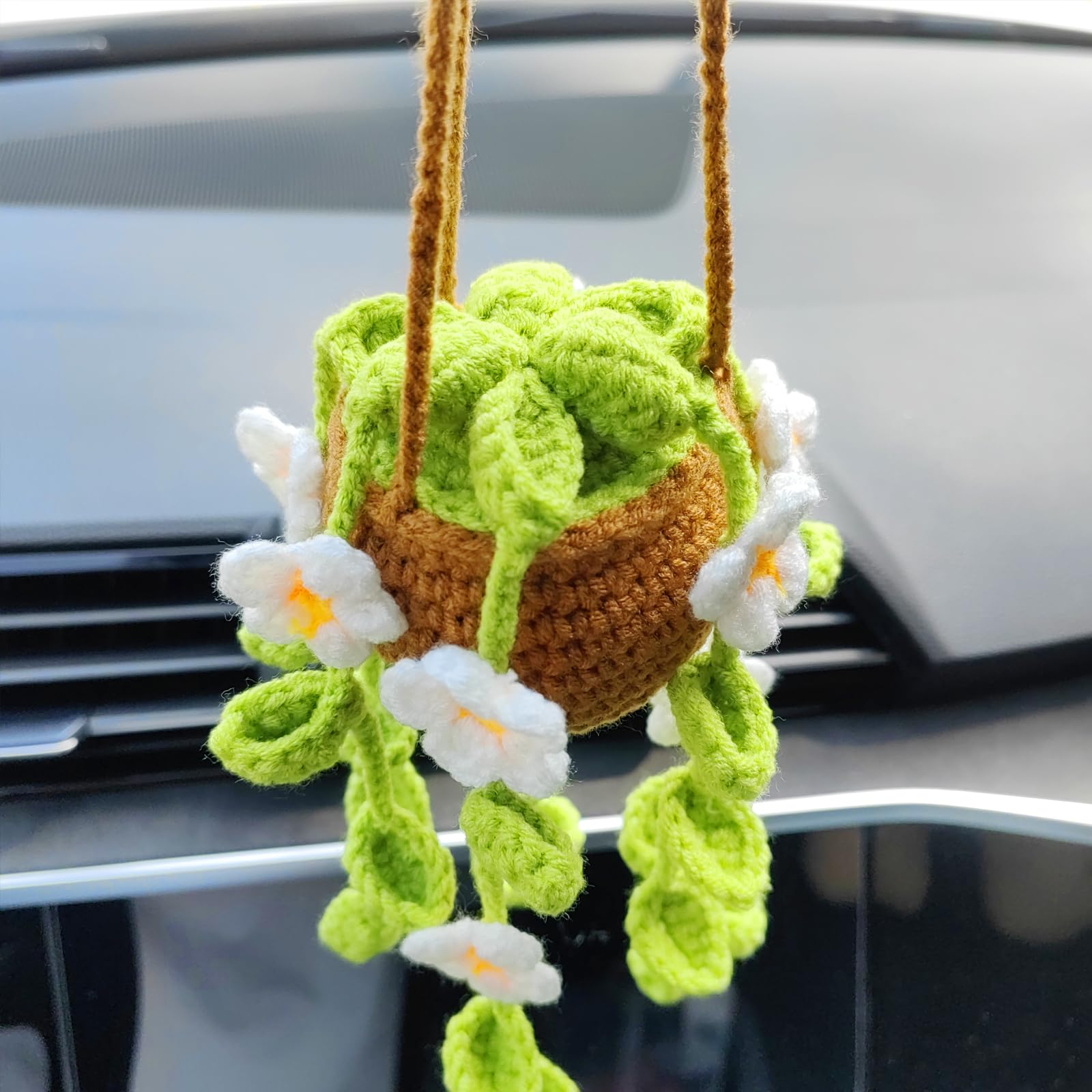 Motaney Potted Plants Crochet Rear View Mirror Accessories, Hand Crocheted (Glue Free) Safe Car Hanging Ornament, Car Mirror Han