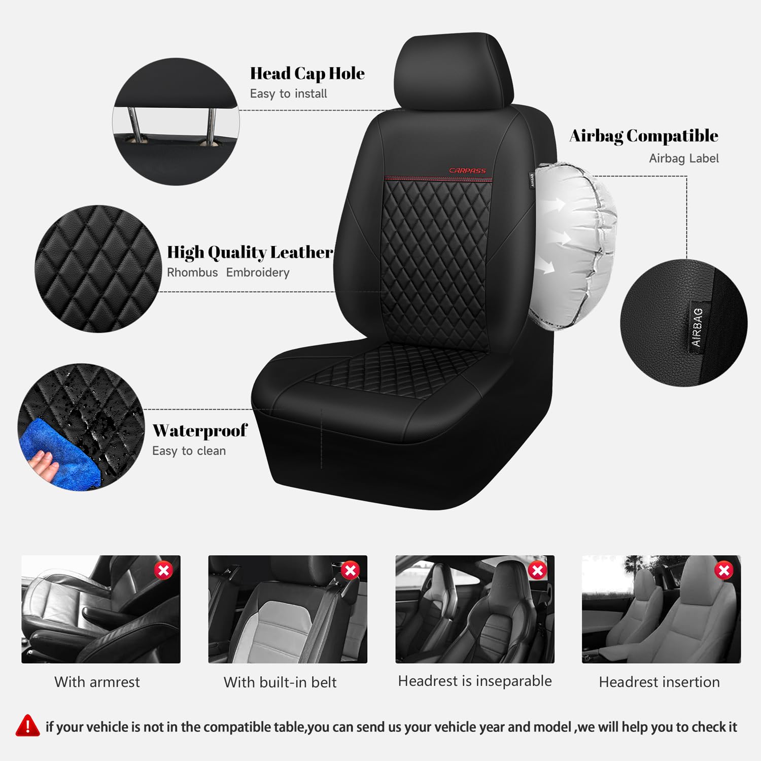Car Pass Faux Leather Car Seat Covers Front Seats Only, Premium Waterproof Anti Slip Front Automotive Seat Covers,Airbag Compati