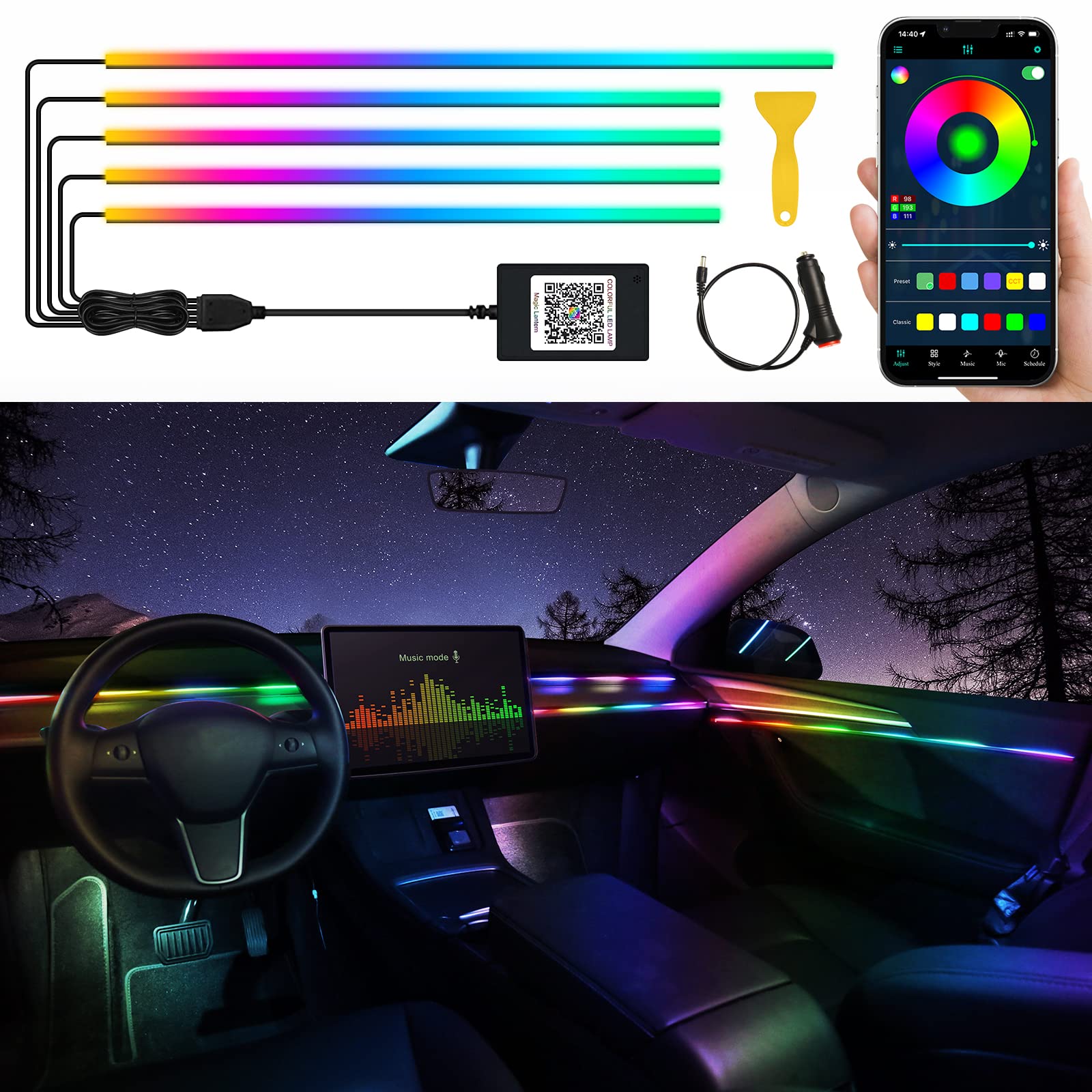 Acrylic Interior Car Led Strip Light With Wireless App, Rgb Dreamcolor 5 In 1 Ambient Lighting Kits, 16 Million Colors Sound Act