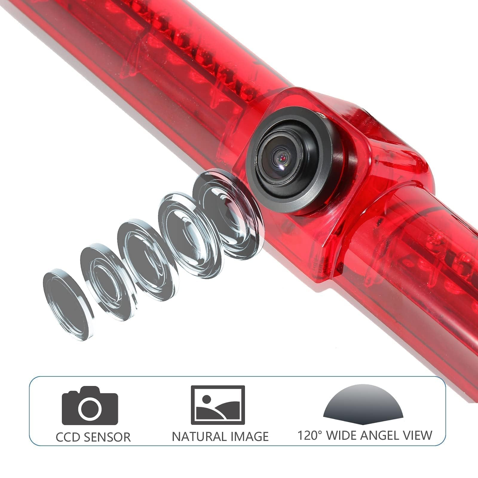 Anina 3rd Brake Light Backup Camera - Universal LED Reverse Parking Camera for RVs, Trailers, Vans - Red with RCA Connector