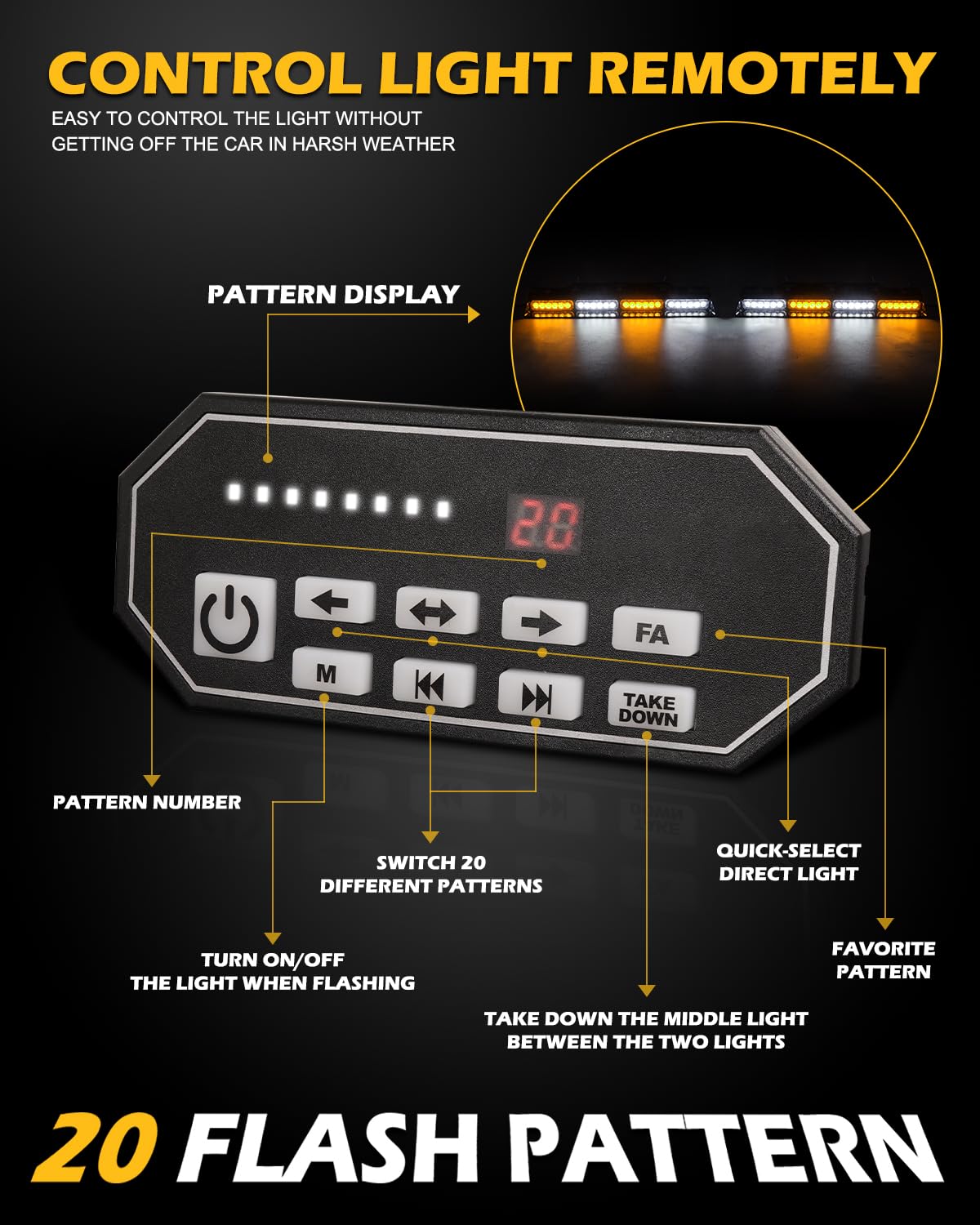 Hlauto 604N Emergency Dash Strobe Lights W/Controller: 2X16.8 Inch Amber White Security Light W/Take Down, 48 Led Safety Flashin