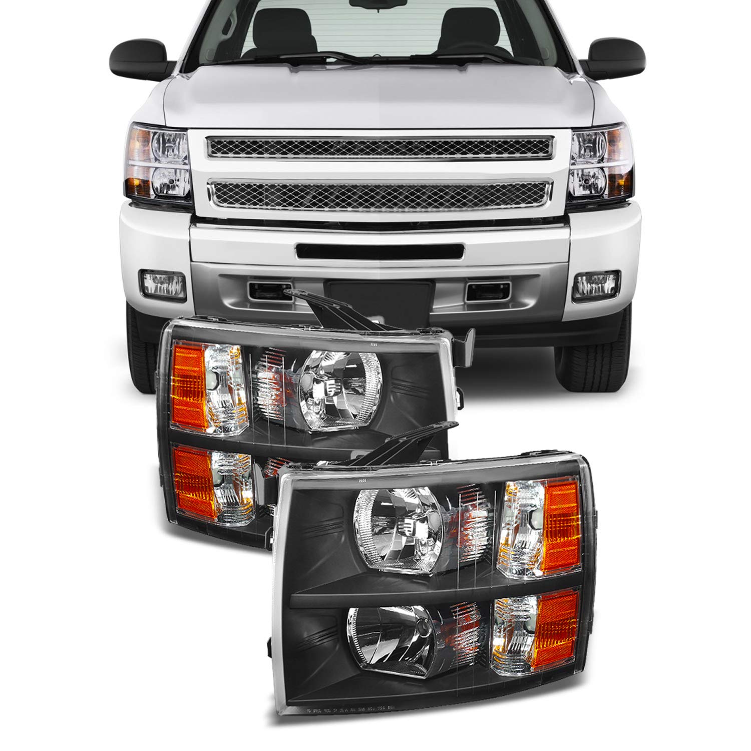 Akkon - For 2007-2013 Chevy Silverado Replacement Black Bezel Headlights Driver/Passenger Head Lamps Pair Replacement