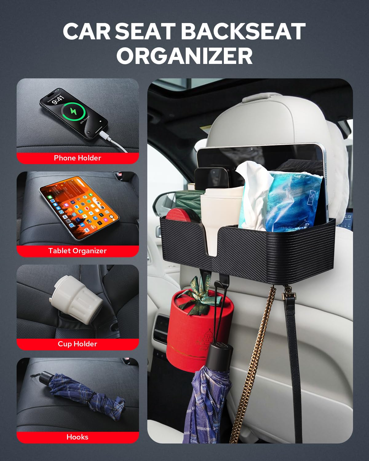 Benlari Car Headrest Backseat Organizer Cup Holder - 3 in 1 Seat Back Organizer with 3.7'' Cup Holder, Headrest Hooks, Multifunc