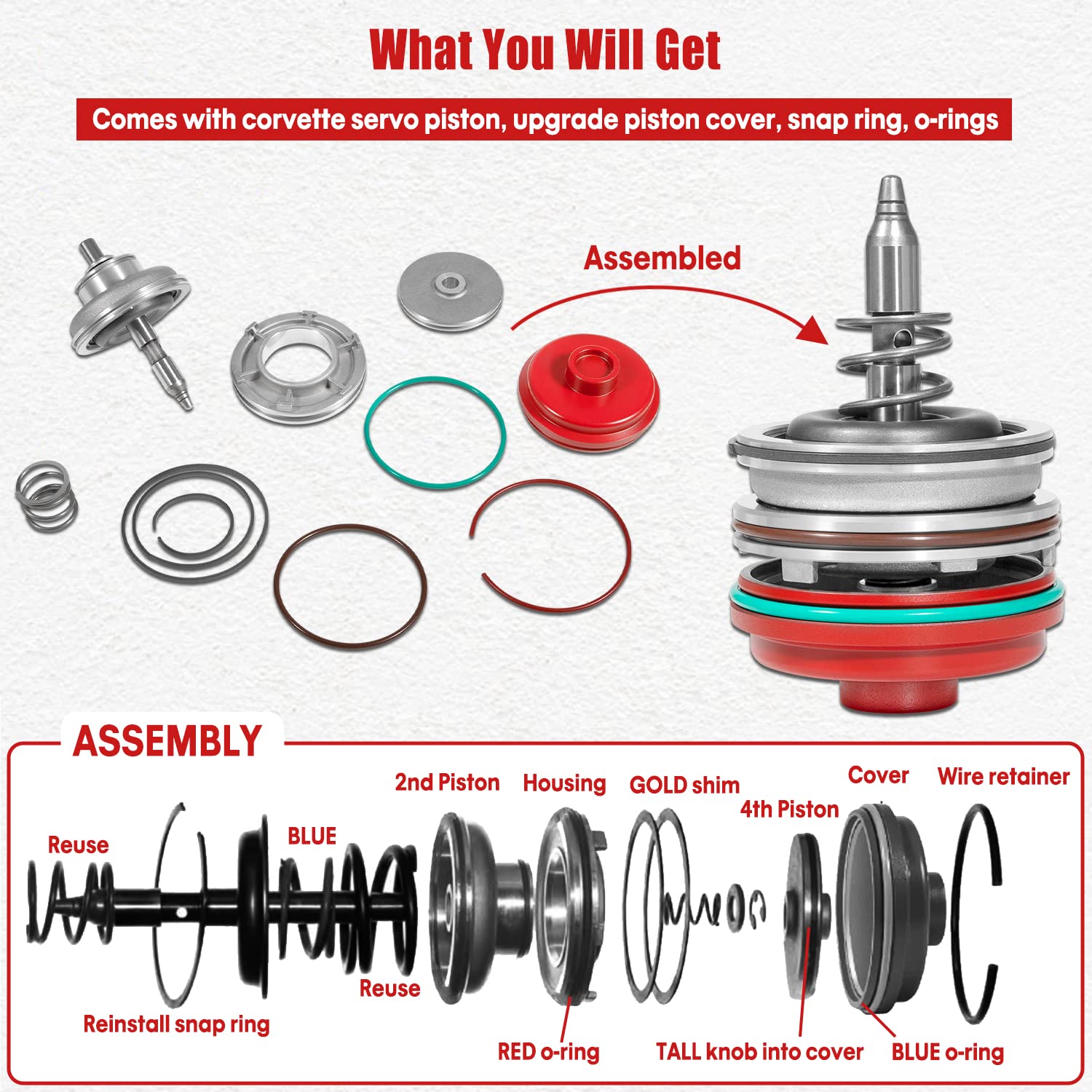 High Performance Corvette Servo Piston Assembly With Cover, Snap Ring And Pin For Gm 1982-2014 700R4 4L60E 4L65E 4L70E Transmiss