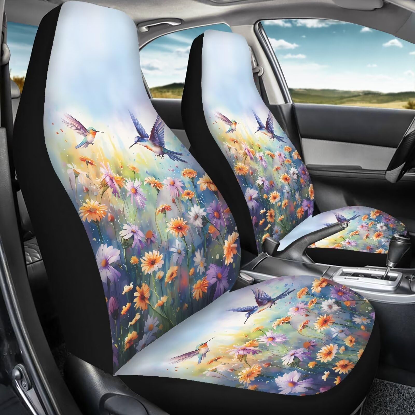 Talayituse Hummingbird Daisy Print Car Seat Covers 2 Pcs, Auto Universal Front Seat Protector, Men Women Automobile Interior Dec