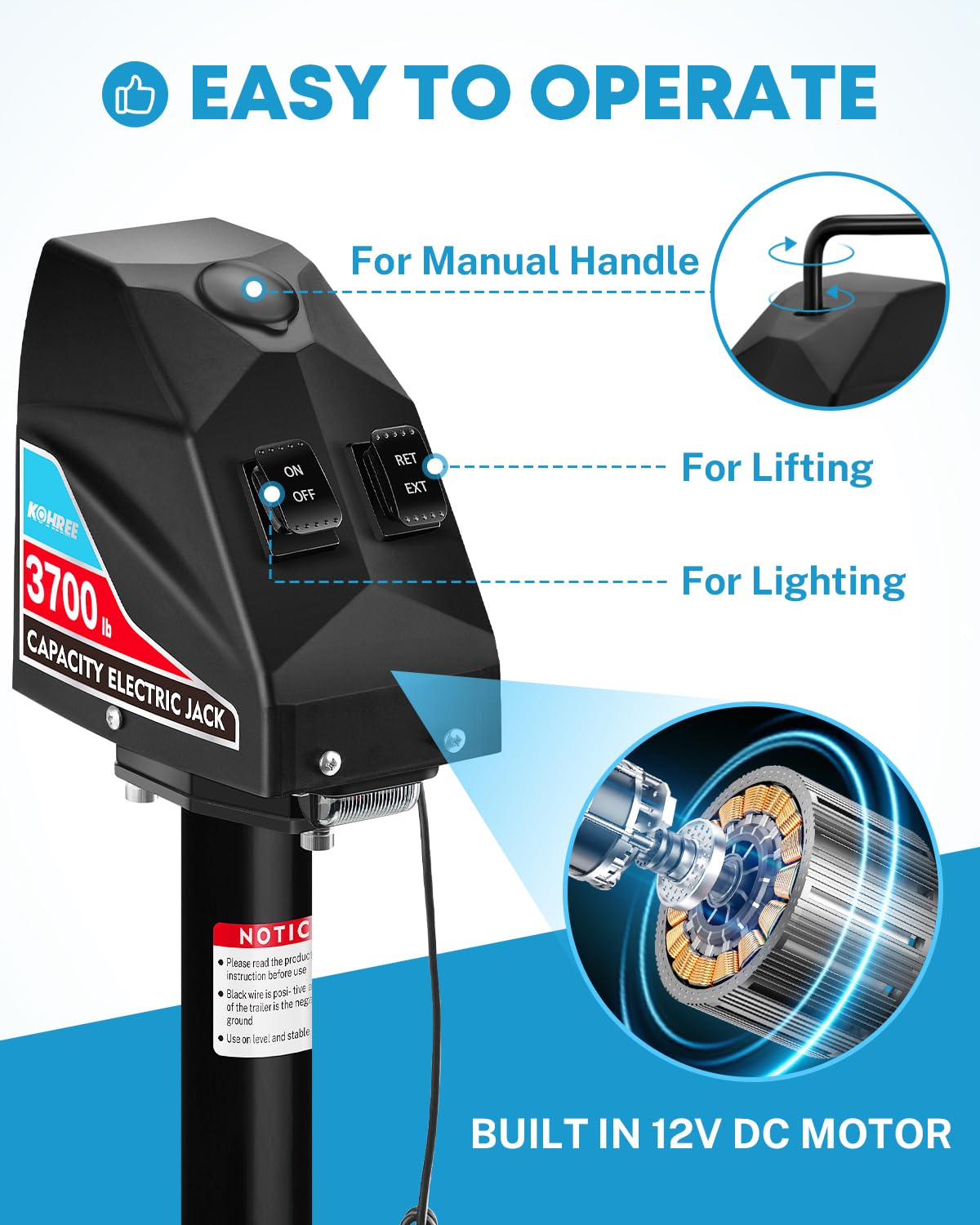 Kohree Electric Trailer Jack 3700Lbs, Heavy Duty Rv Electric Power Tongue Jack Max 4000Lbs For Travel Trailer A-Frame Camper, Wi