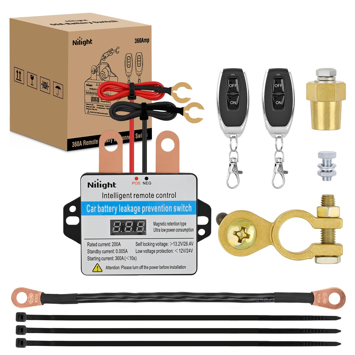 Nilight Remote Battery Disconnect Switch 12V 24V 360A Car Smart Anti-Theft Kill Switches Upgrade Prevent Power Drain with Wirele