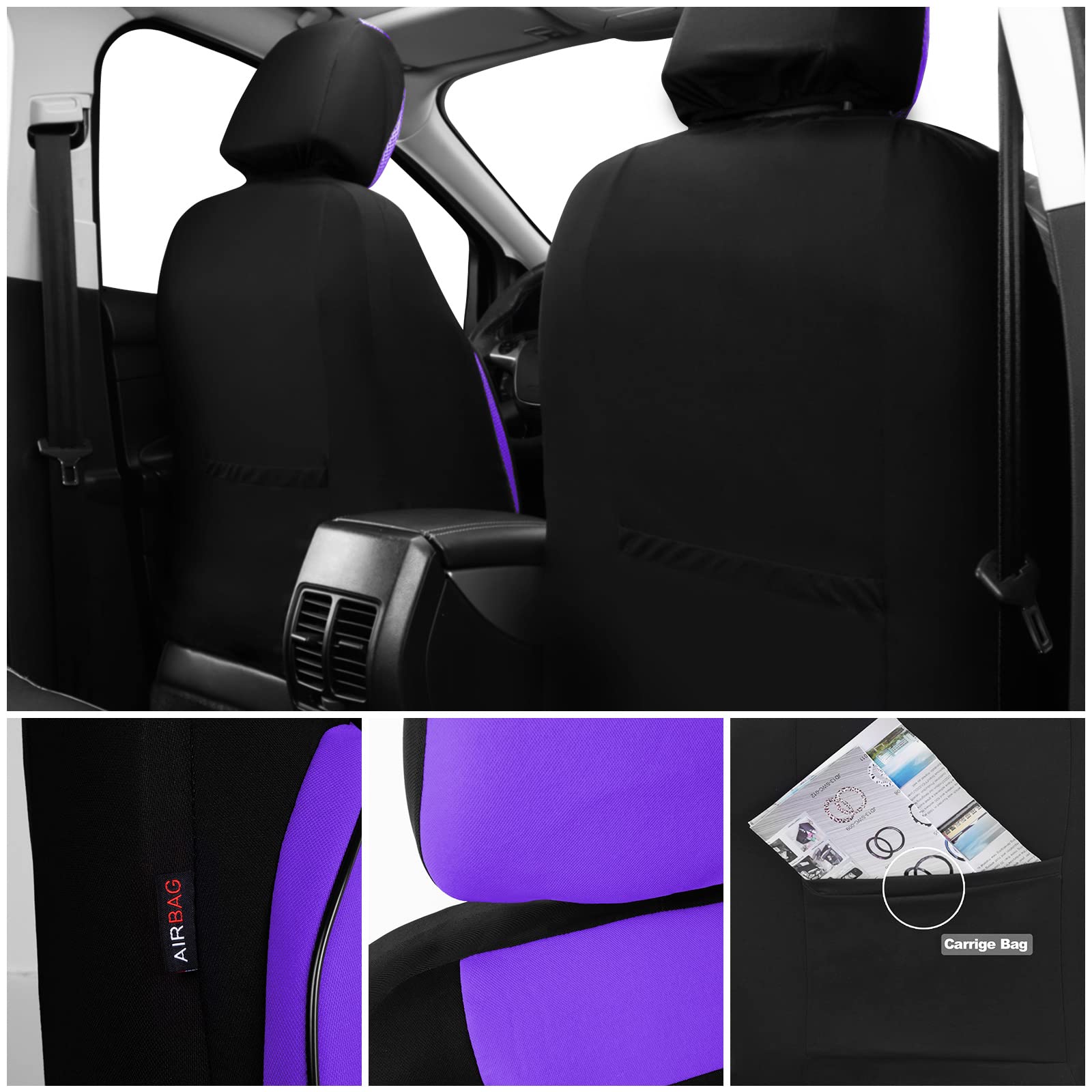 CAR PASS 6PCS 3D Foam Cushion Back Support Universal Fit Elegance Two Front Car Seat Covers,for Automotive SUV,Van,saden,Trucks Airbag Compatible(Black and Purple) Women Comfortable “Cute Girly