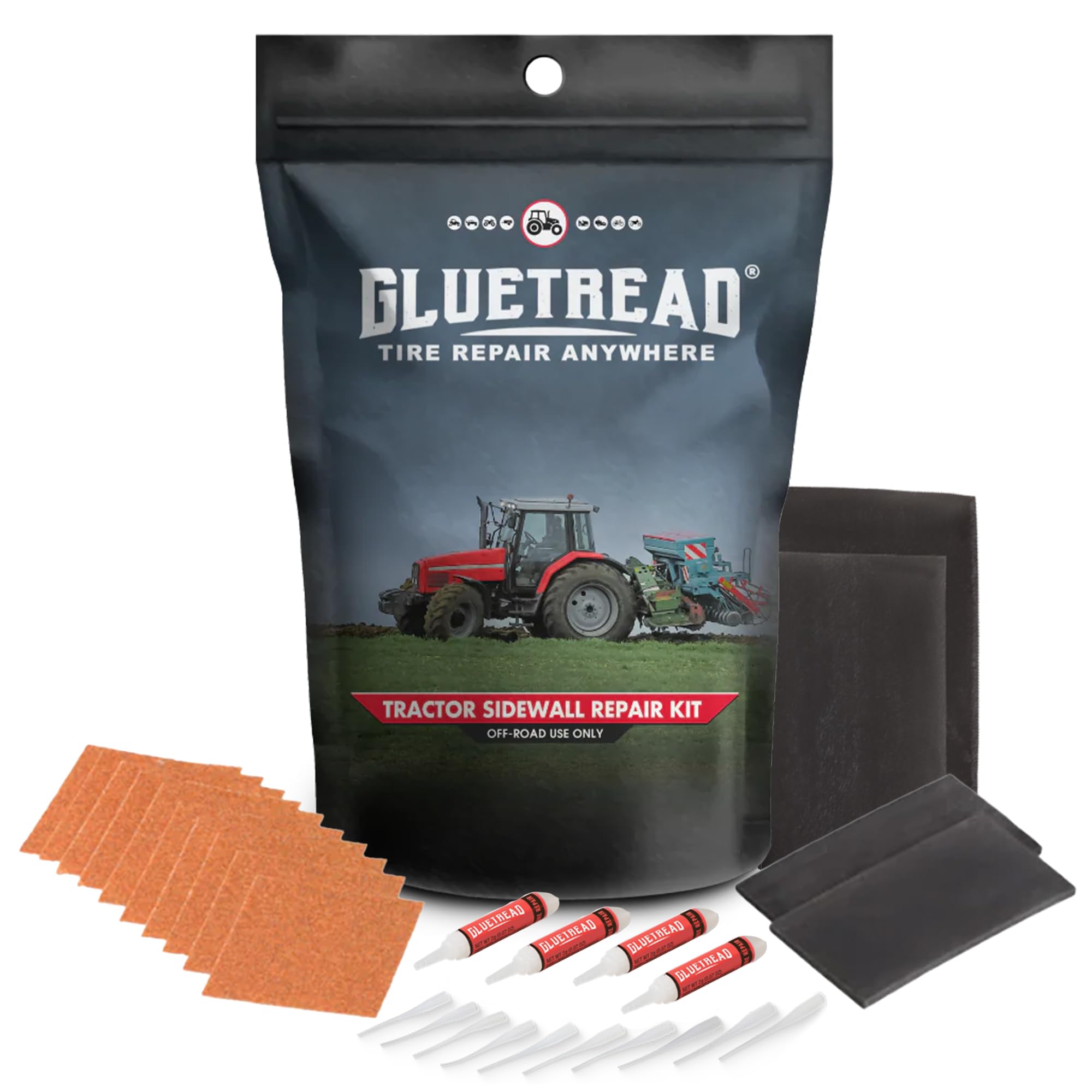 GlueTread Tractor Sidewall Tire Repair Kit | Off-Road Puncture Repair Anywhere No Need to Remove Tire | Enough Material to Patch