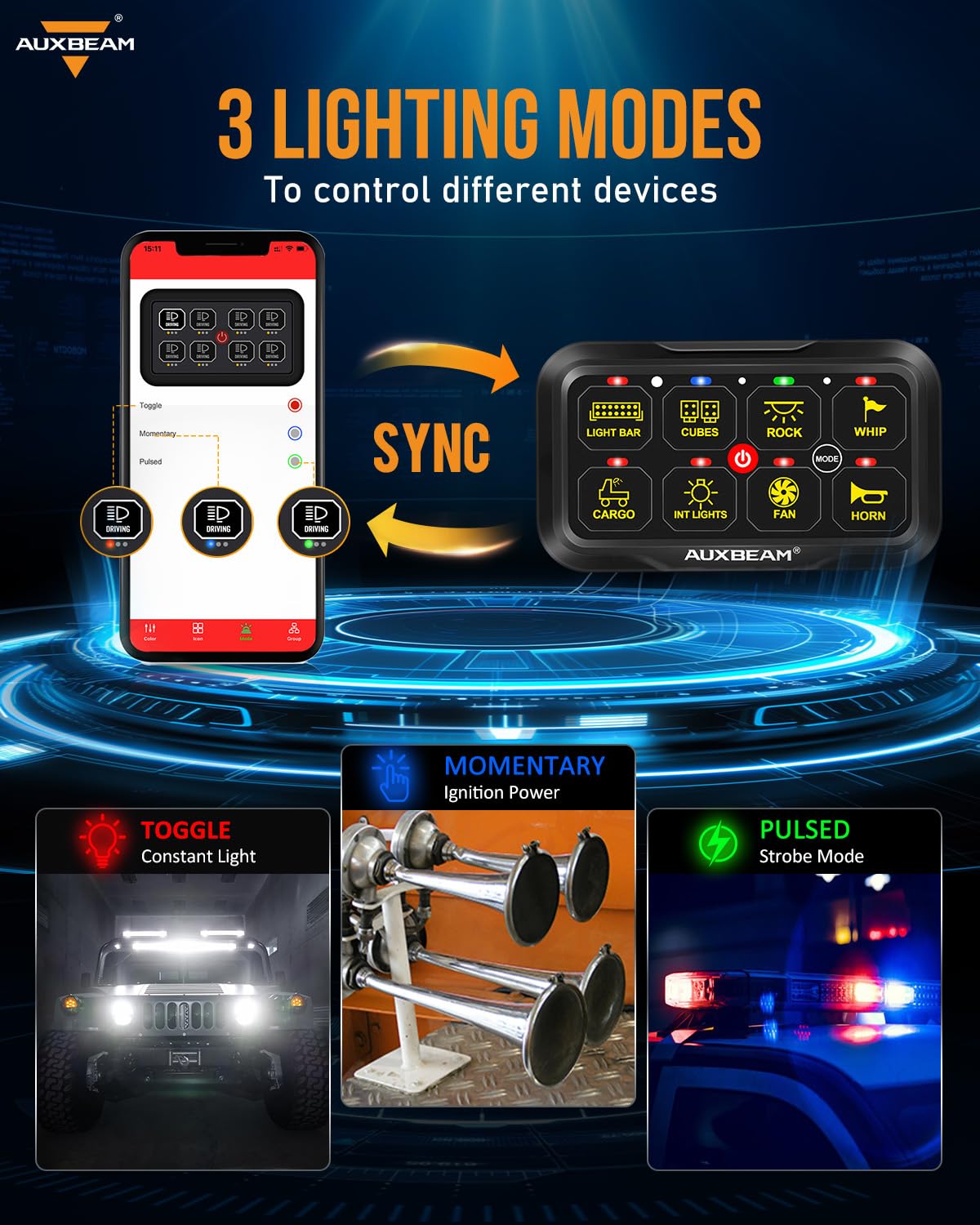 Auxbeam RGB Bluetooth 8 Gang Switch Panel AR-820 Toggle Momentary Pulsed Switch Pod for Truck UTV Offroad Boat Auxiliary LED Lig