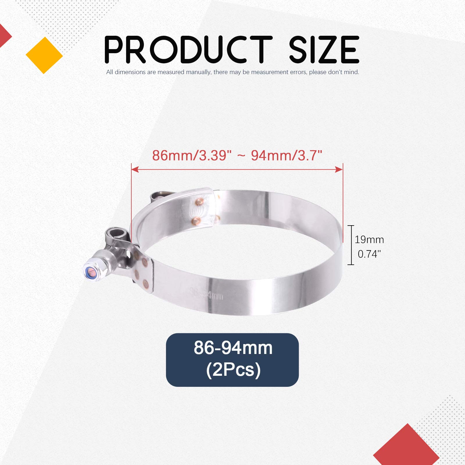 Hilitchi 2Pcs Stainless Steel T-Bolt Clamps With Rounded Band Edges Heavy Duty Turbo Intake Intercooler Clamp (86-94Mm) For 3 1/