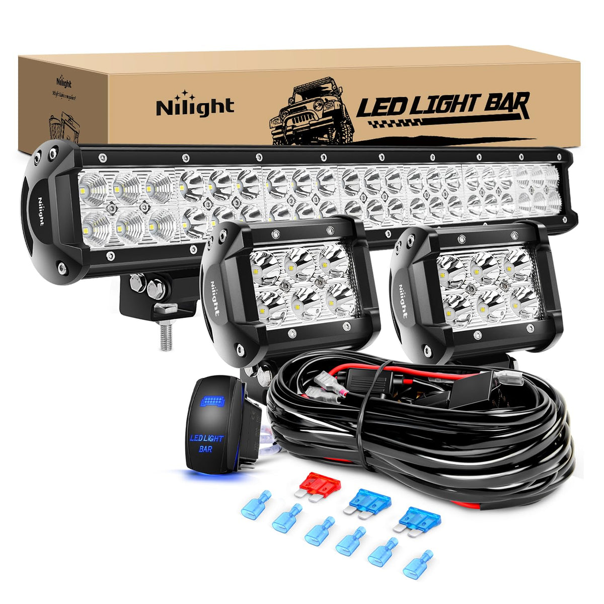 Nilight 20 Inch126W Led Light Bar Spot Flood Combo 2Pcs 4 Inch 18W Led Pods Flood Boat Lights Driving Fog Lights Work Light For
