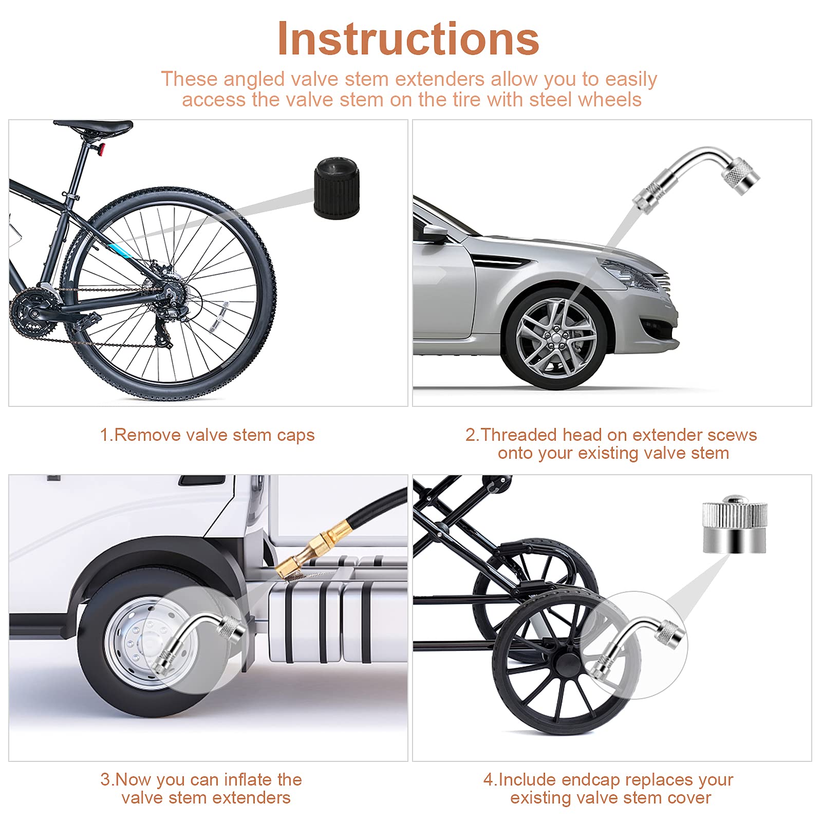 6Pieces Valve Stem Extenders,Dually Valve Extension 45 Degree 90 Degree 135 Degree Valve Stem Extensions Compatible For Dual Whe