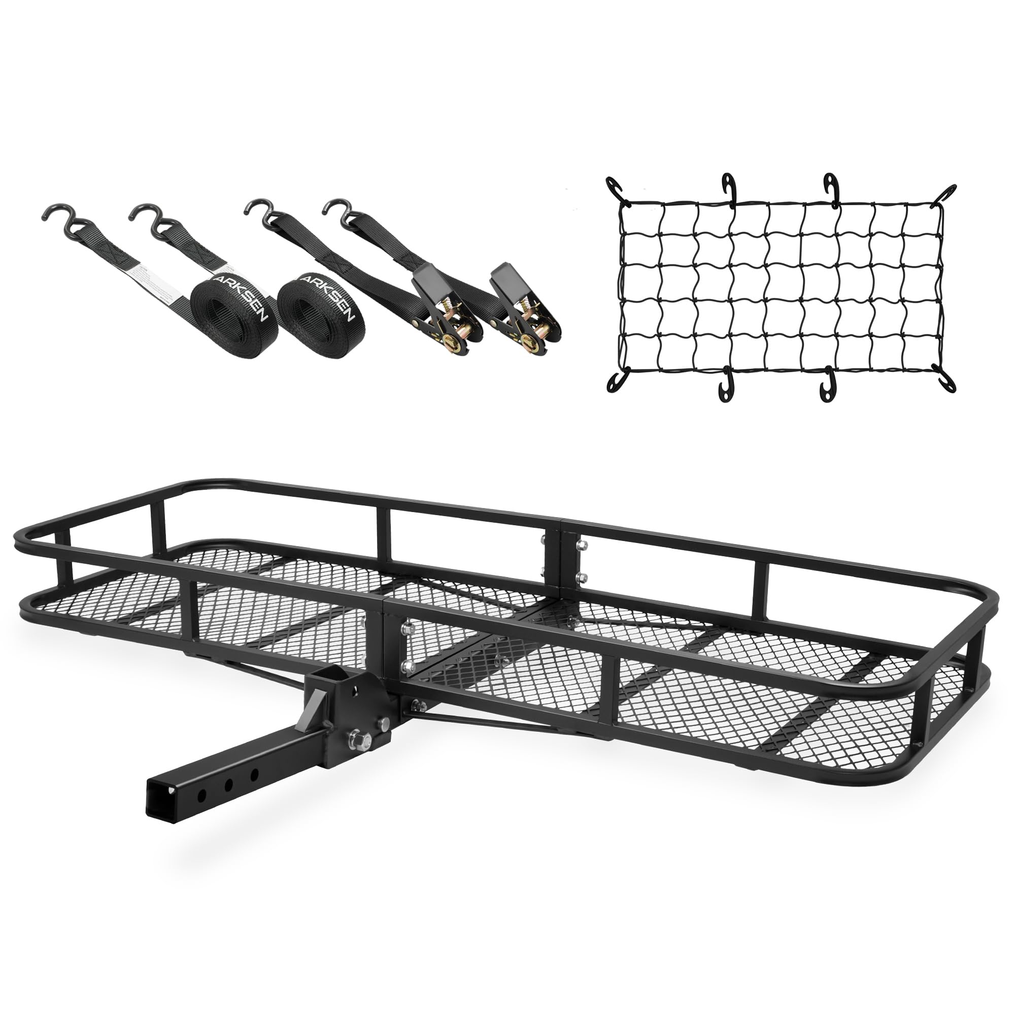 Arksen 60 X 23 X 5.5 Inch Folding Hitch Cargo Carrier With Cargo Net, 2 Ratchet Straps, 500 Lbs Capacity Heavy Duty 2 Inch Recei