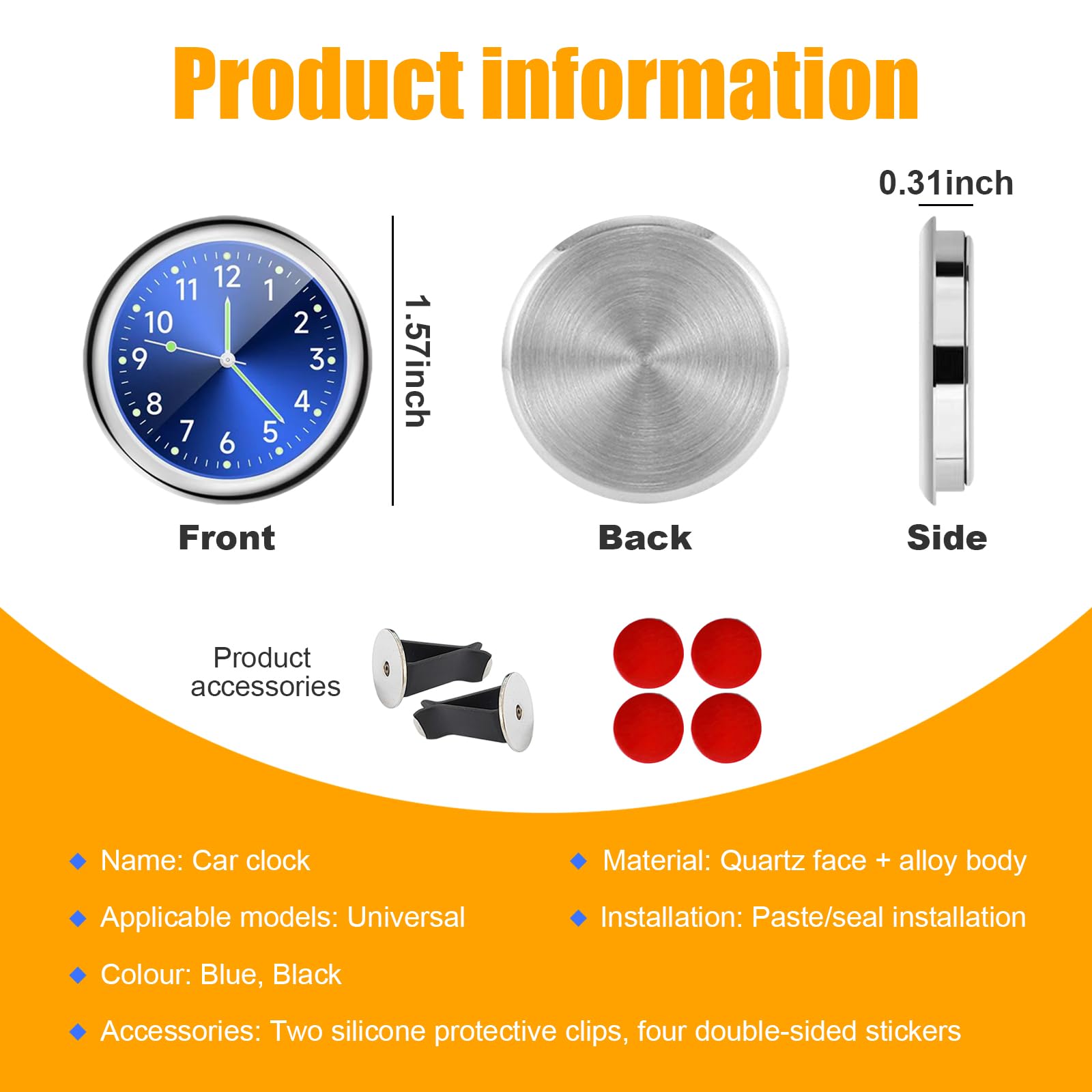 Dickno 2 Pcs Stick On Dashboard Car Clock, Mini Tiny Analog Quartz Luminous Air Vent Clocks, Self Adhesive Automotive Vent Clock