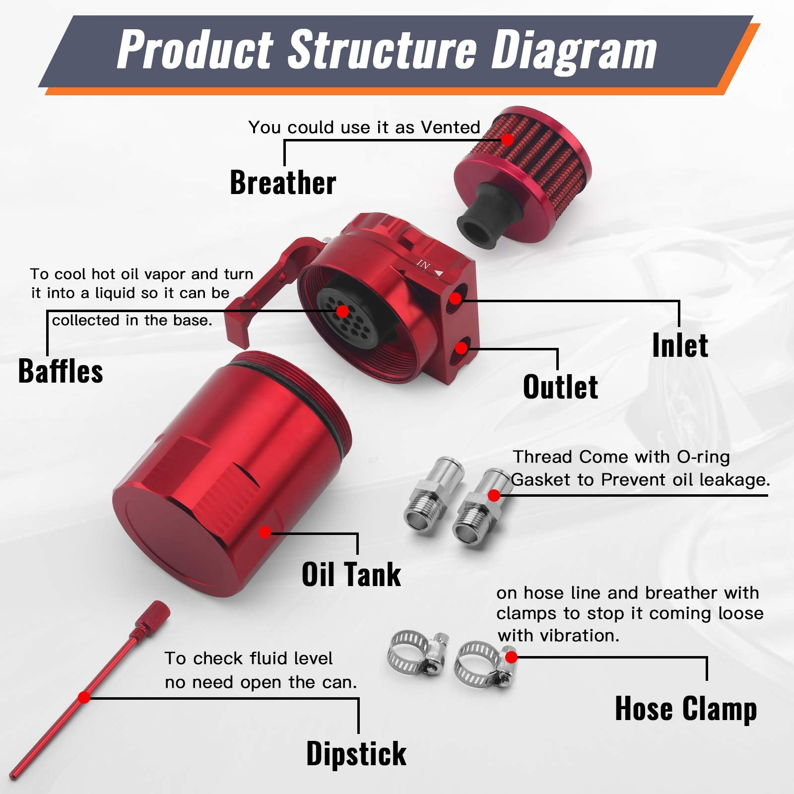 Muge Racing Universal Oil Catch Can Tank Kit Polish Baffled Reservoir With Breather Filter With 3/8'' Fuel Line, Aluminum, Red,