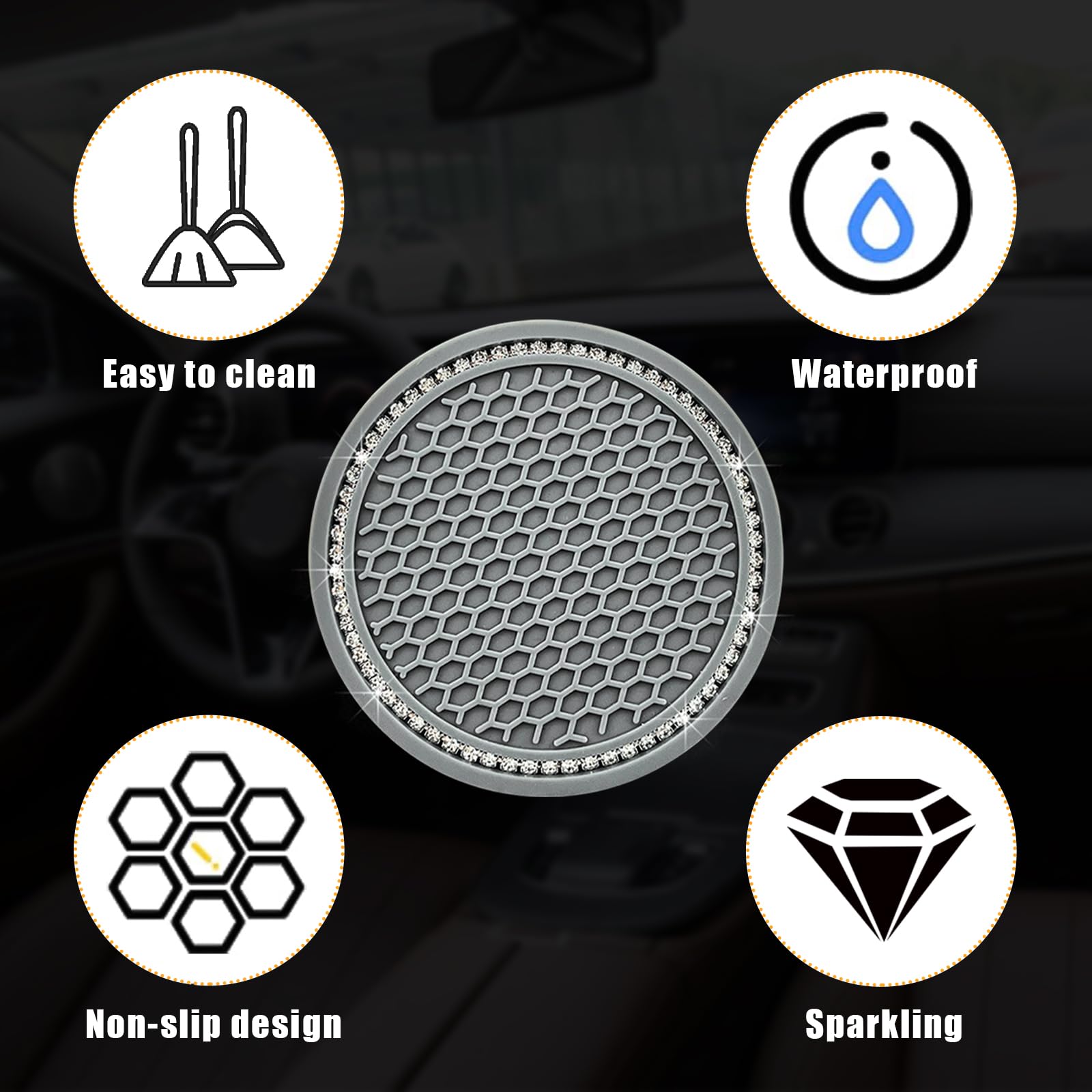 Ziciner 4 Pack Bling Car Cup Coaster, Crystal Soft Rubber Cup Holder Insert Coaster, Anti-Slip Rhinestone Drink Cup Mat, Univers