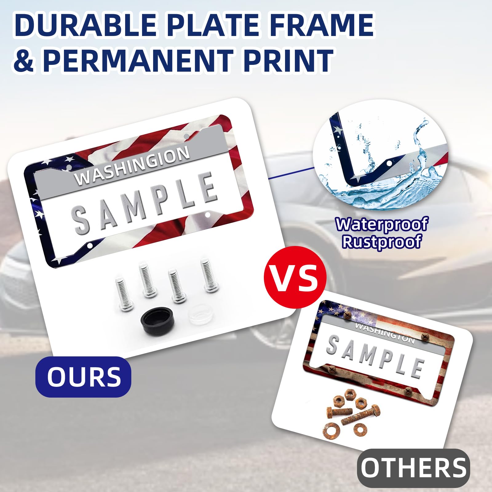 LIN KANG American Flag License Plate Frame Holder - 2 Pack, Aluminum, Matte Stripe, Gloss Patriotic Design, Includes Free Screws and Caps