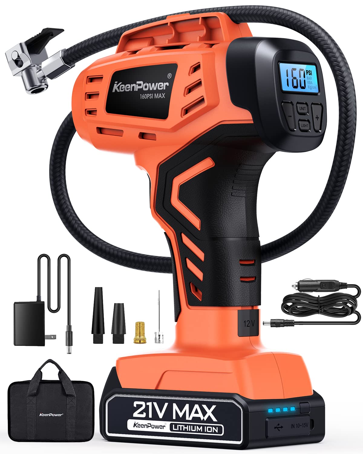 Keenpower Tire Inflator Air Compressor, 21V Cordless Car Tire Pump With Rechargeable Li-Ion Battery, 12V Car Power Adapter, Digi