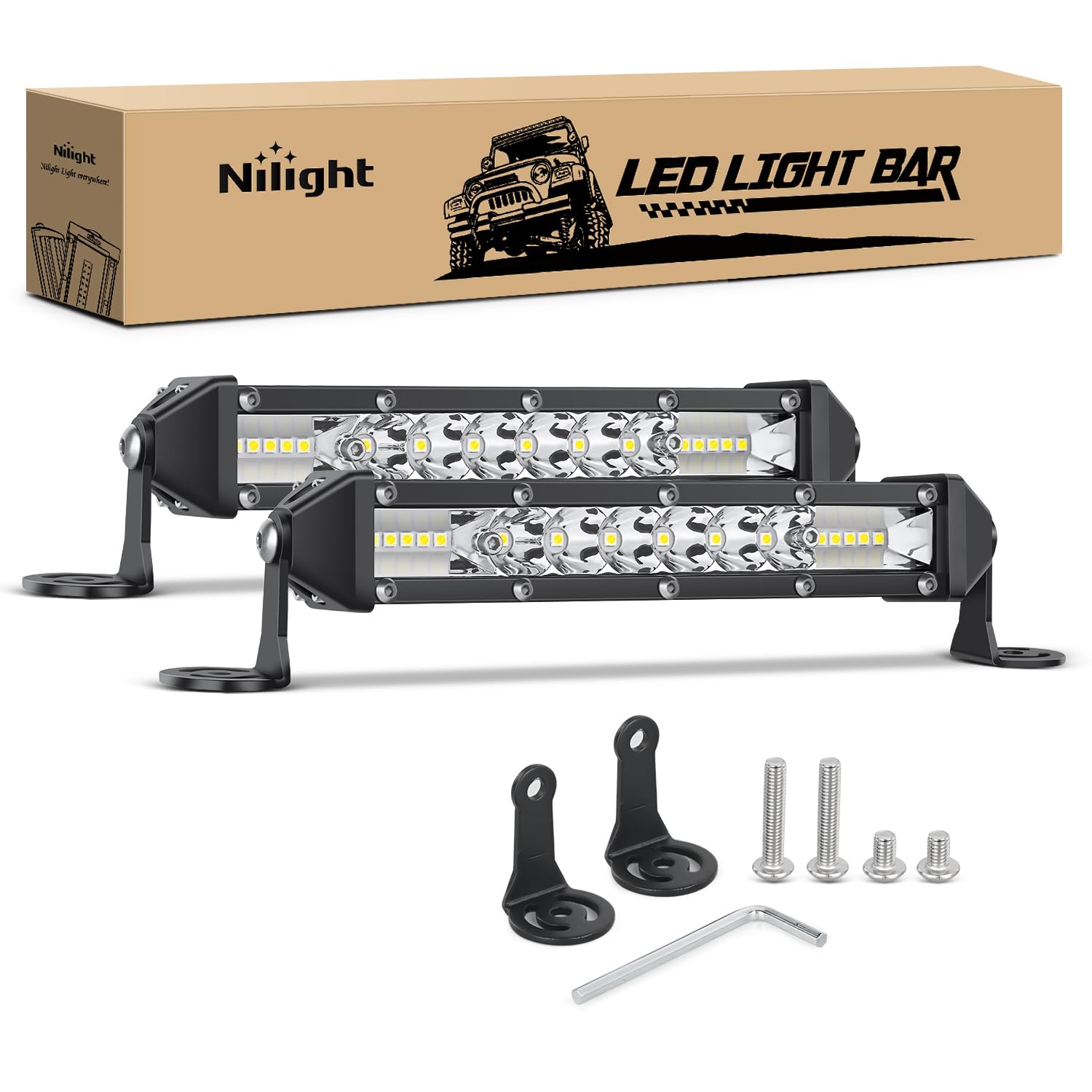 Nilight Slim Led Light Bar 2Pcs 7 Inch 16Led Single Row Spot Flood Combo Fog Driving Work Lighting Roof Bumper Lamp Offroad For