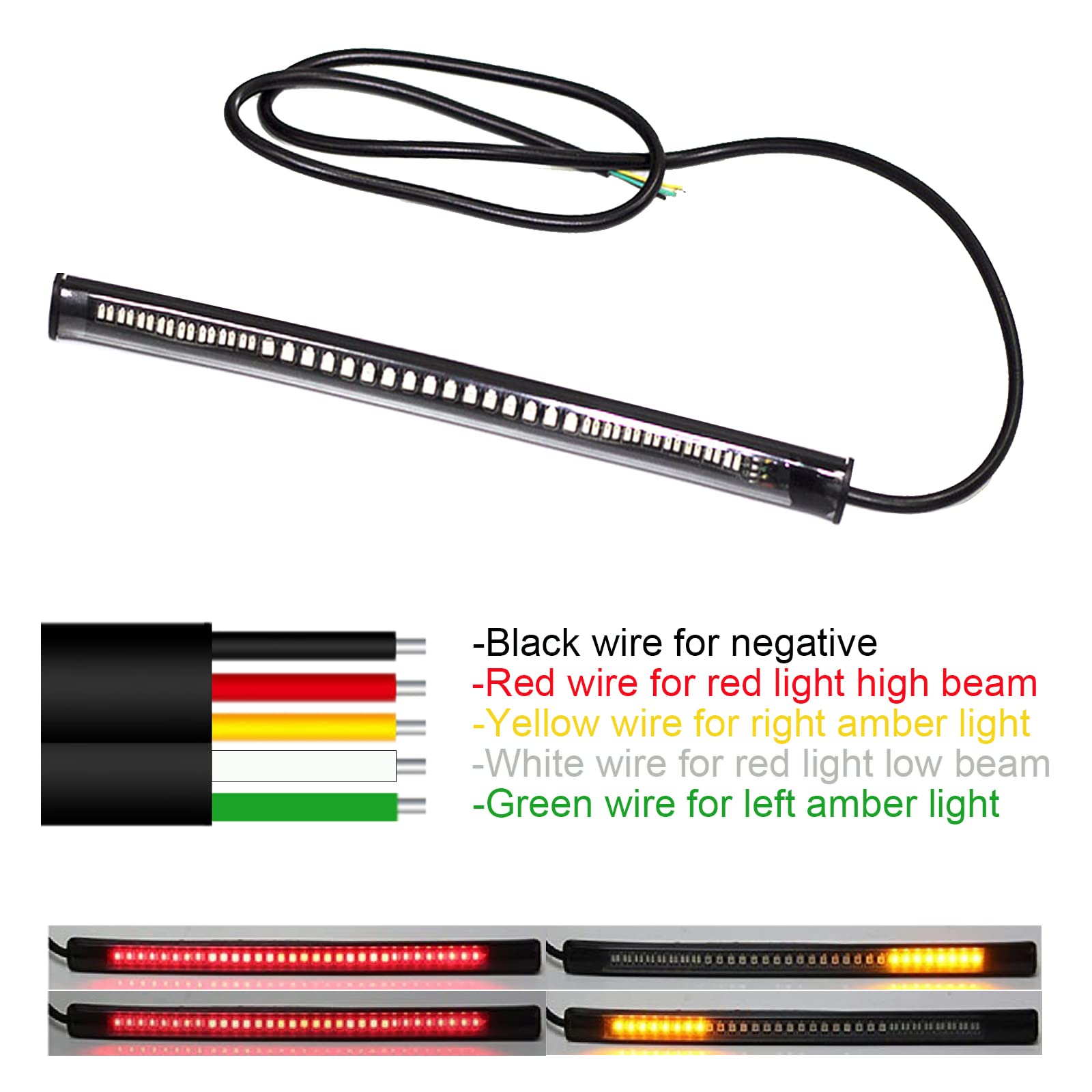 jaxiria Universal LED Strip Motorcycle Tail Lights with Turn Signals, 48LED 8    Flexible Brake Stop License Plate Lights Integr