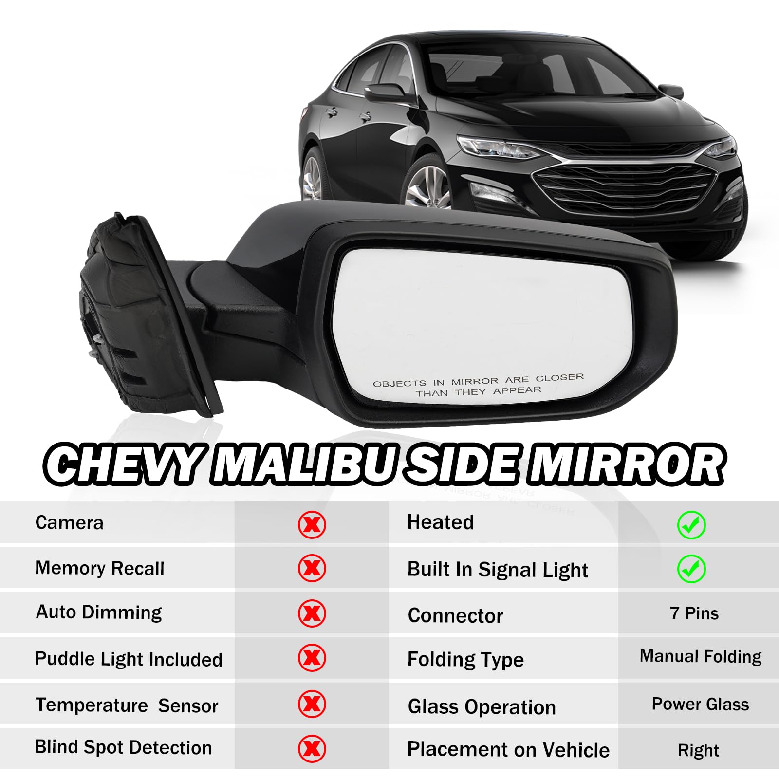 Mofoap Driver Side View Mirror Compatible With 2016 2017 2018 2019 2020 2021 2022 Malibu Lt Hybrid,Mirrors With Heated Turn Sign