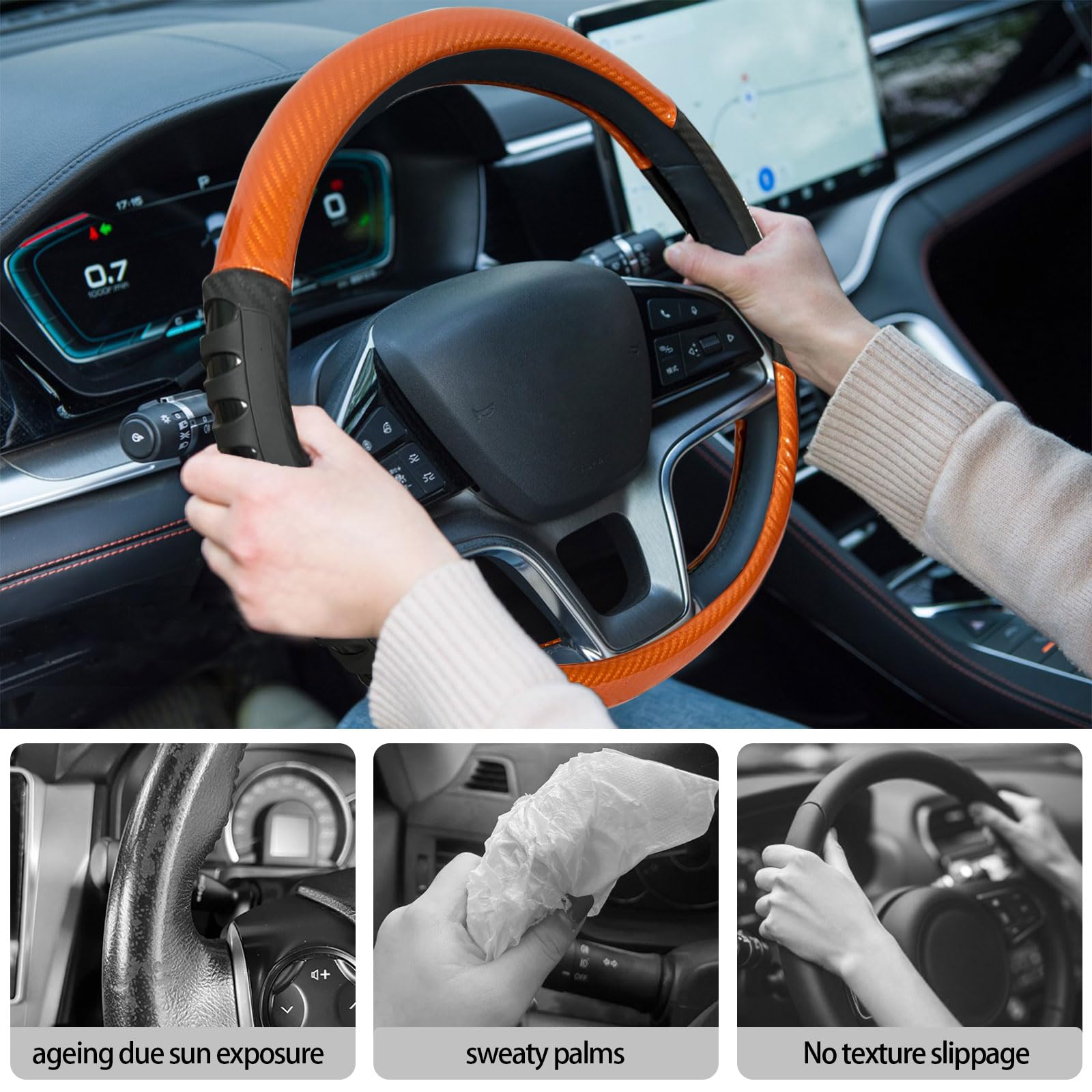 NICEASY Sport Style Orange Leather Steering Wheel Cover, Black Sport Grip Steering Wheel Accessory,Universal Fit 14.5-15.25 inch