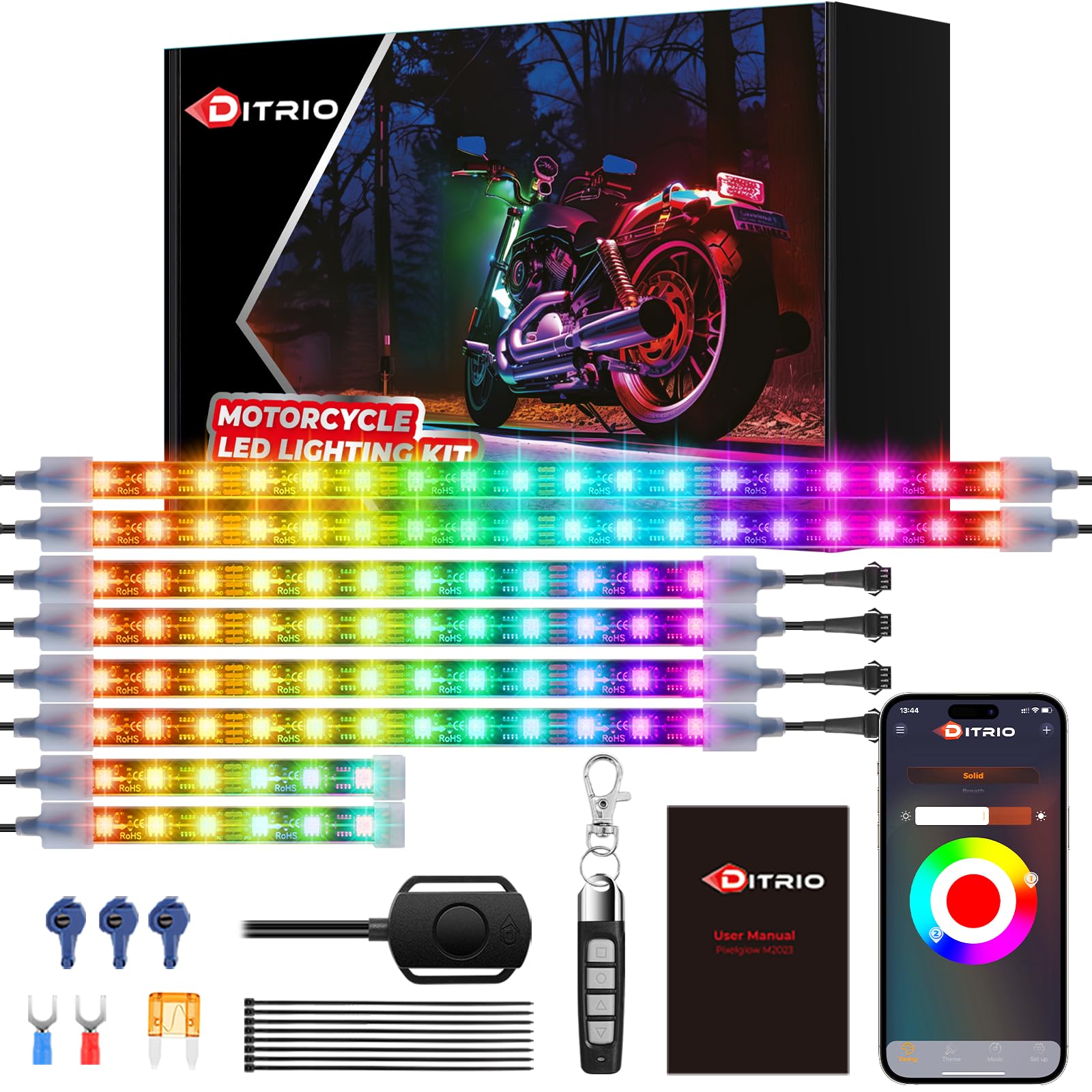 8Pcs Motorcycle Led Underglow Kit With Brake Turn Signal, Motorcycle Rgb Lights With Ditrio App/Rf Remote Control, Dual Zone,12V Waterproof Pixelglow Effects For Motorcycles, Golf Carts, Atvs, Utvs